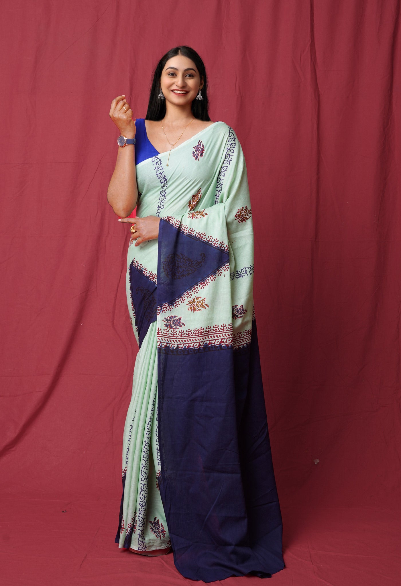 Green Pure Hand Block Printed Soft Cotton Saree