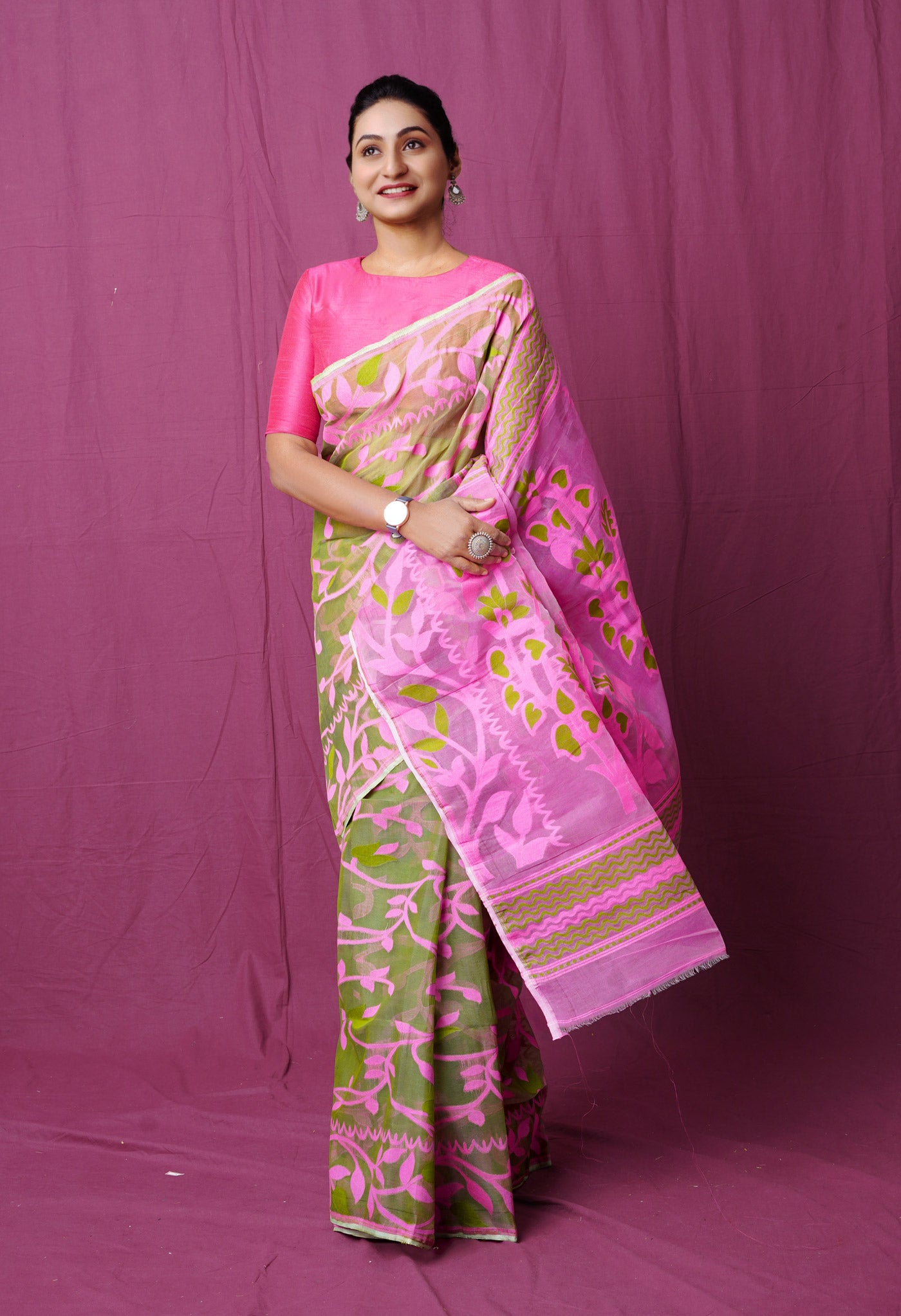 Green Pure Handloom Dhakai Jamdhani Cotton Saree