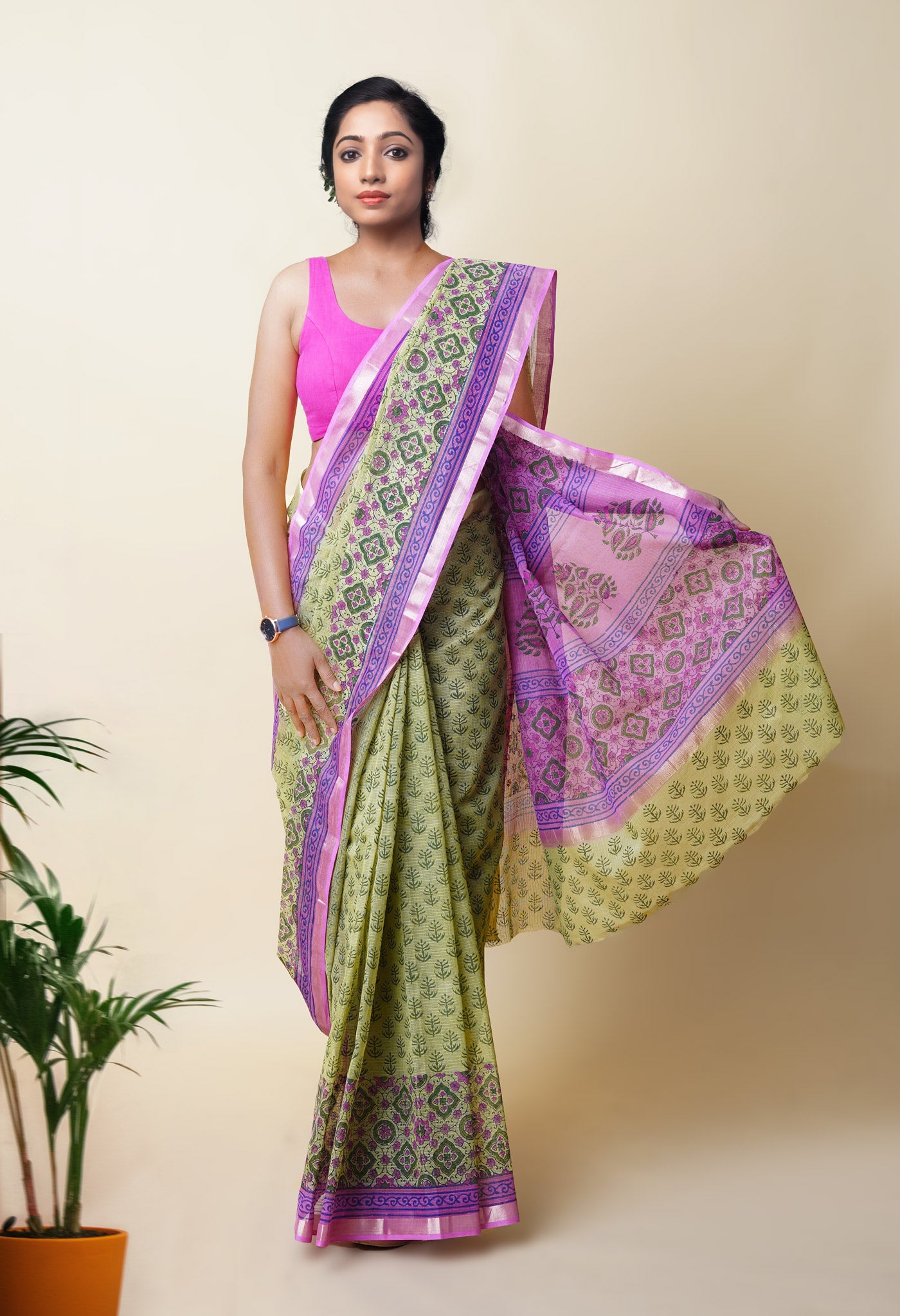 Green Pure Hand Block Printed Kota Saree
