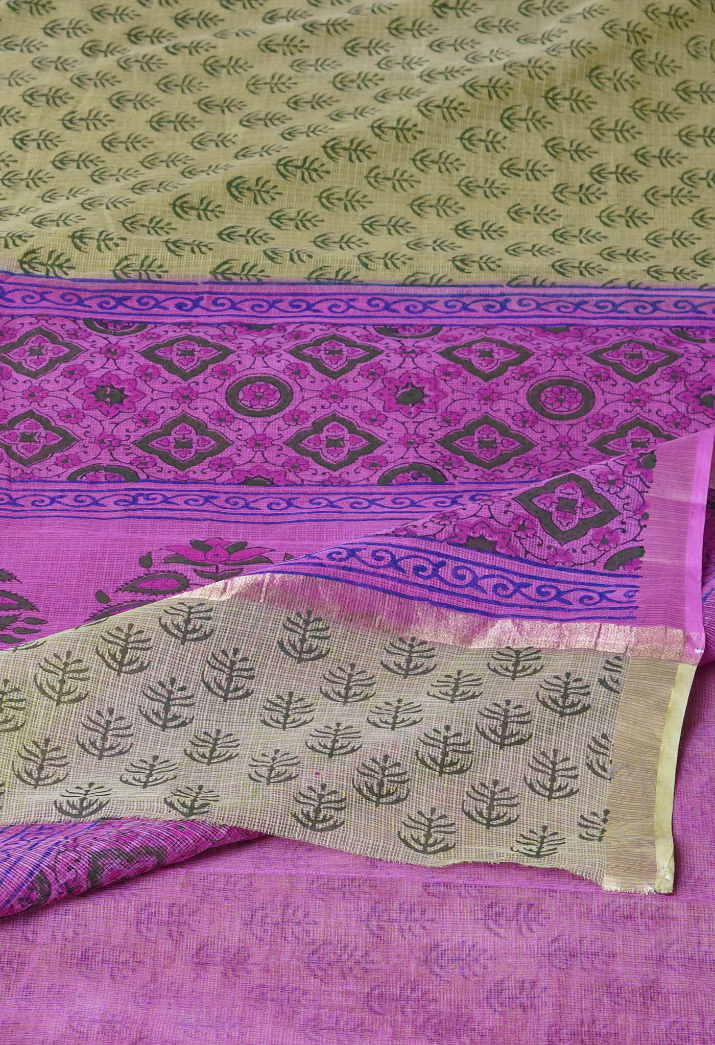 Green Pure Hand Block Printed Kota Saree