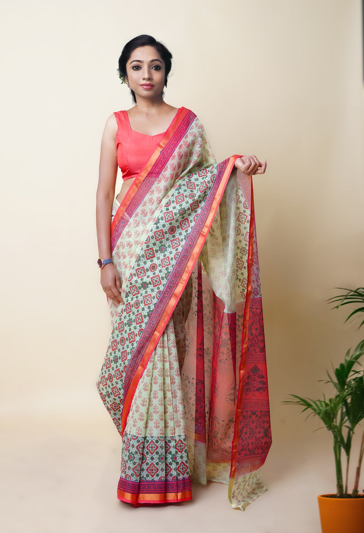 Green Pure Hand Block Printed Kota Saree