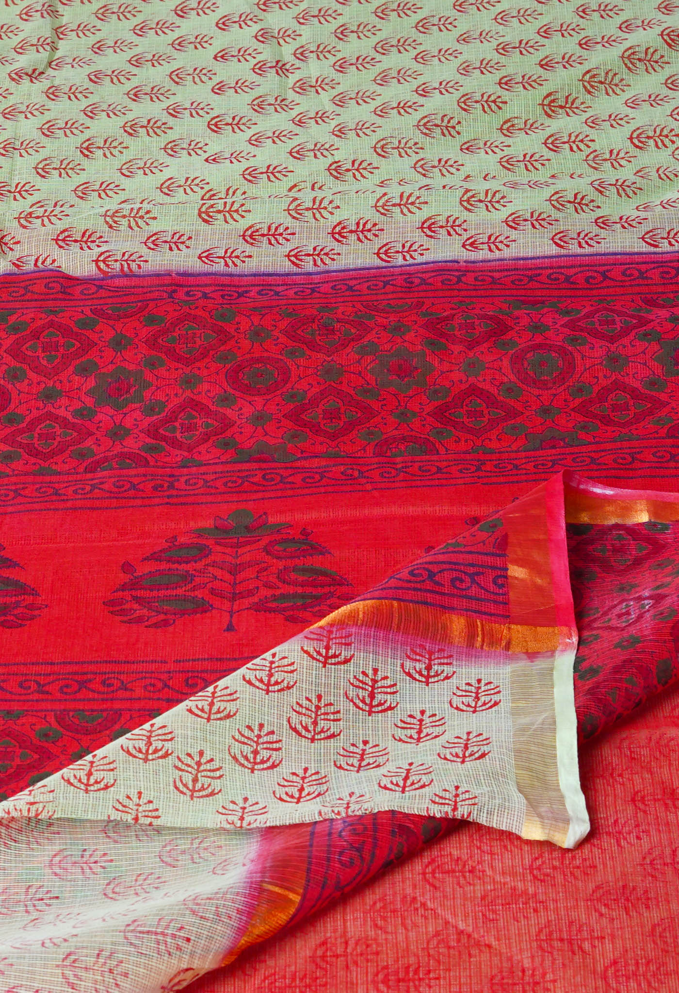 Green Pure Hand Block Printed Kota Saree