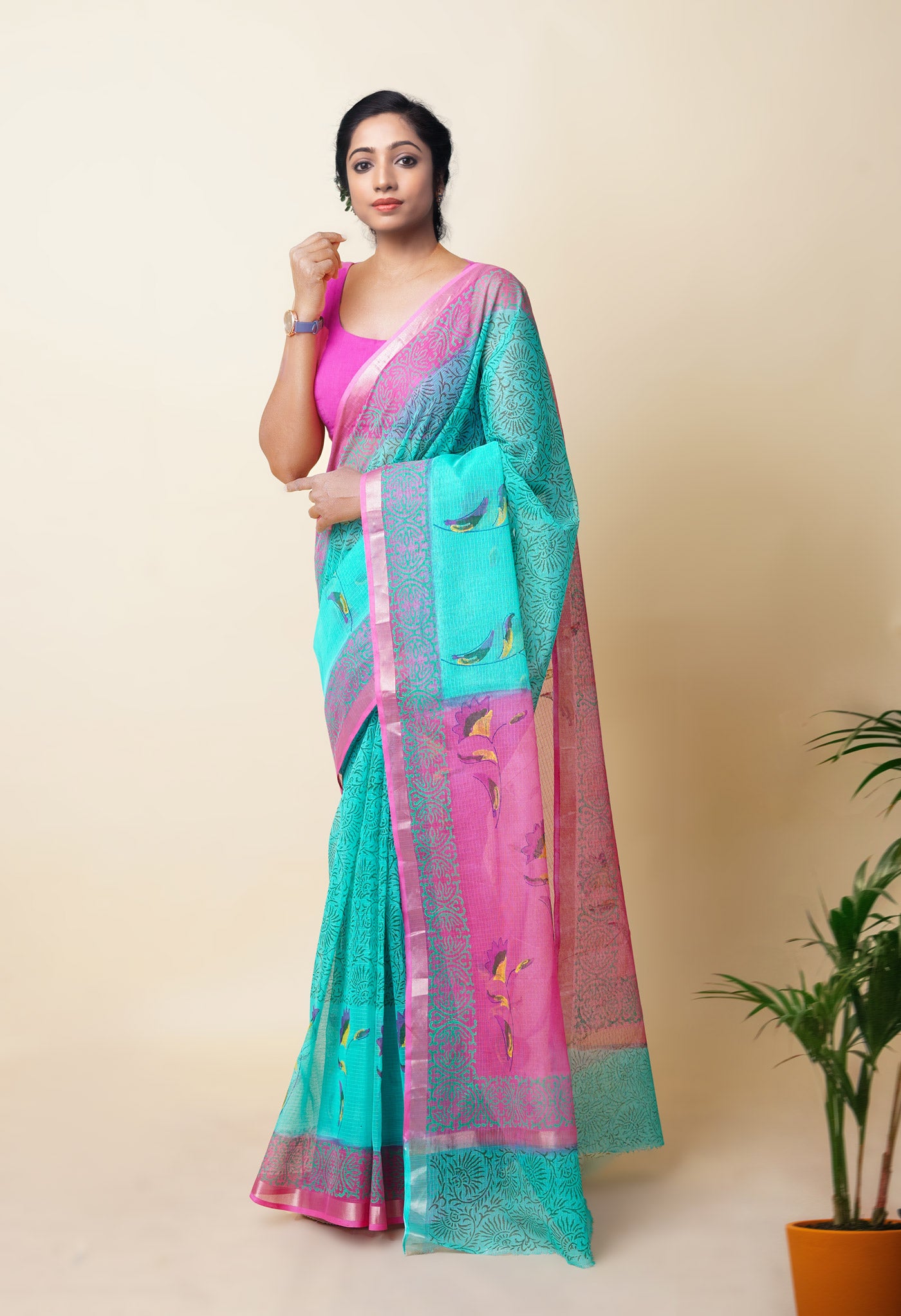 Green Pure Hand Block Printed Kota Saree