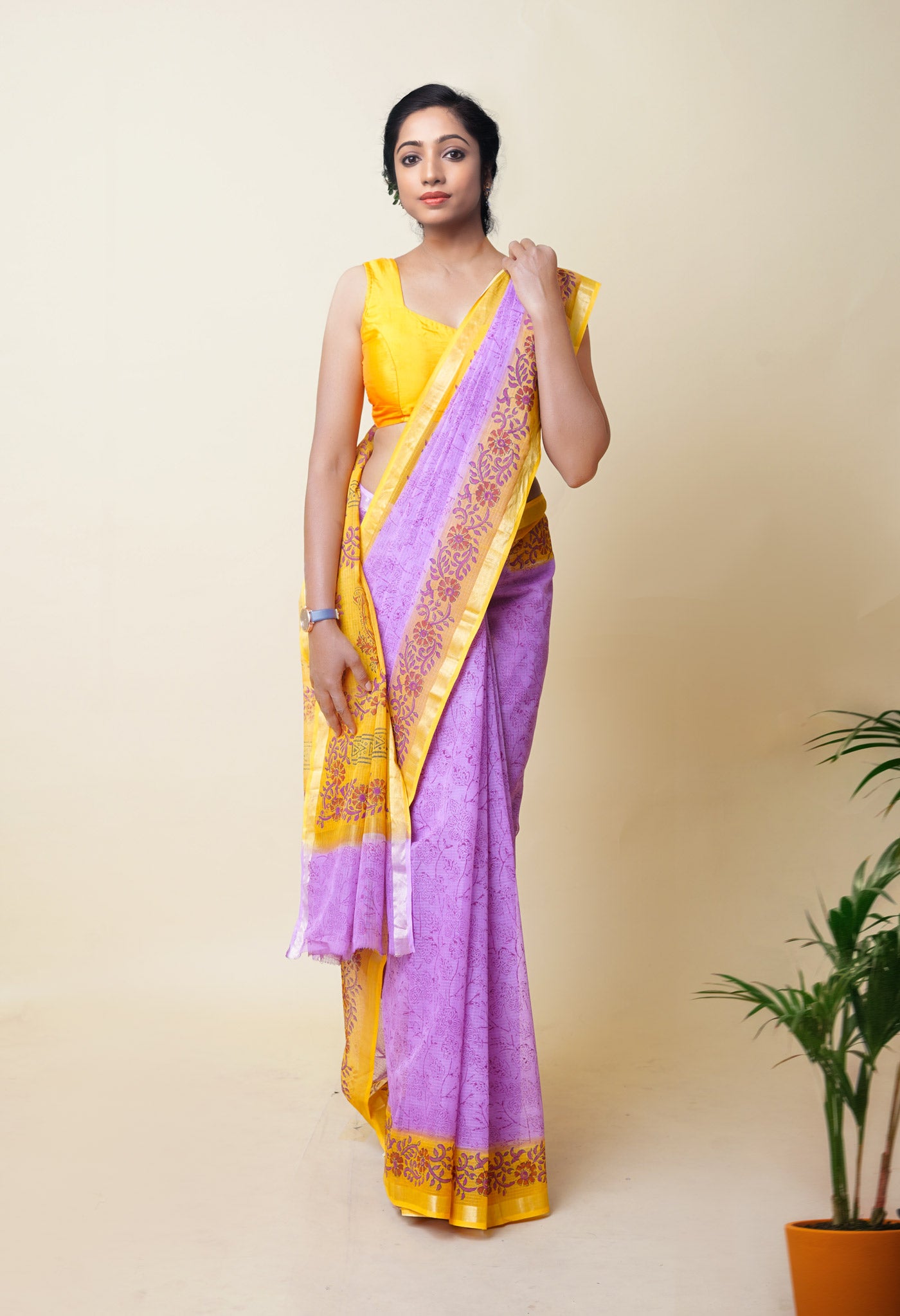Pink Pure Hand Block Printed Kota Saree