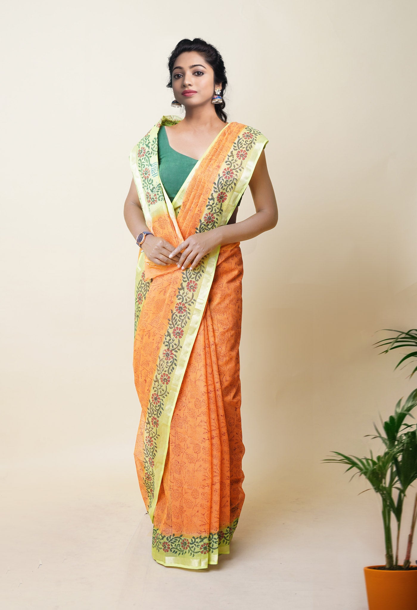 Orange Pure Hand Block Printed Kota Saree