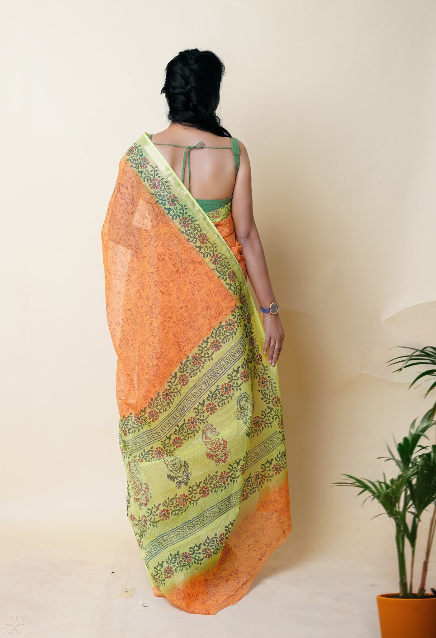 Orange Pure Hand Block Printed Kota Saree