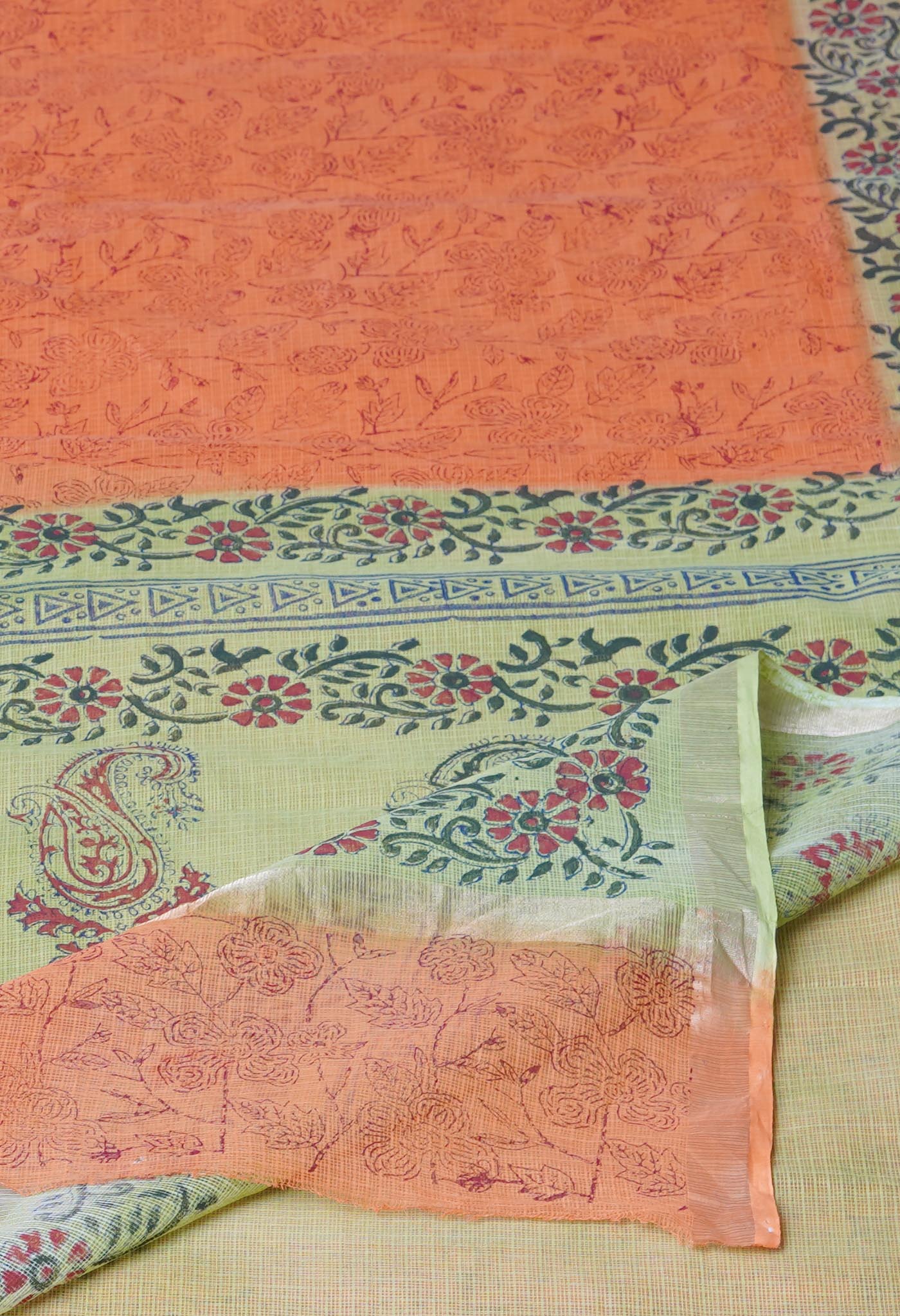 Orange Pure Hand Block Printed Kota Saree