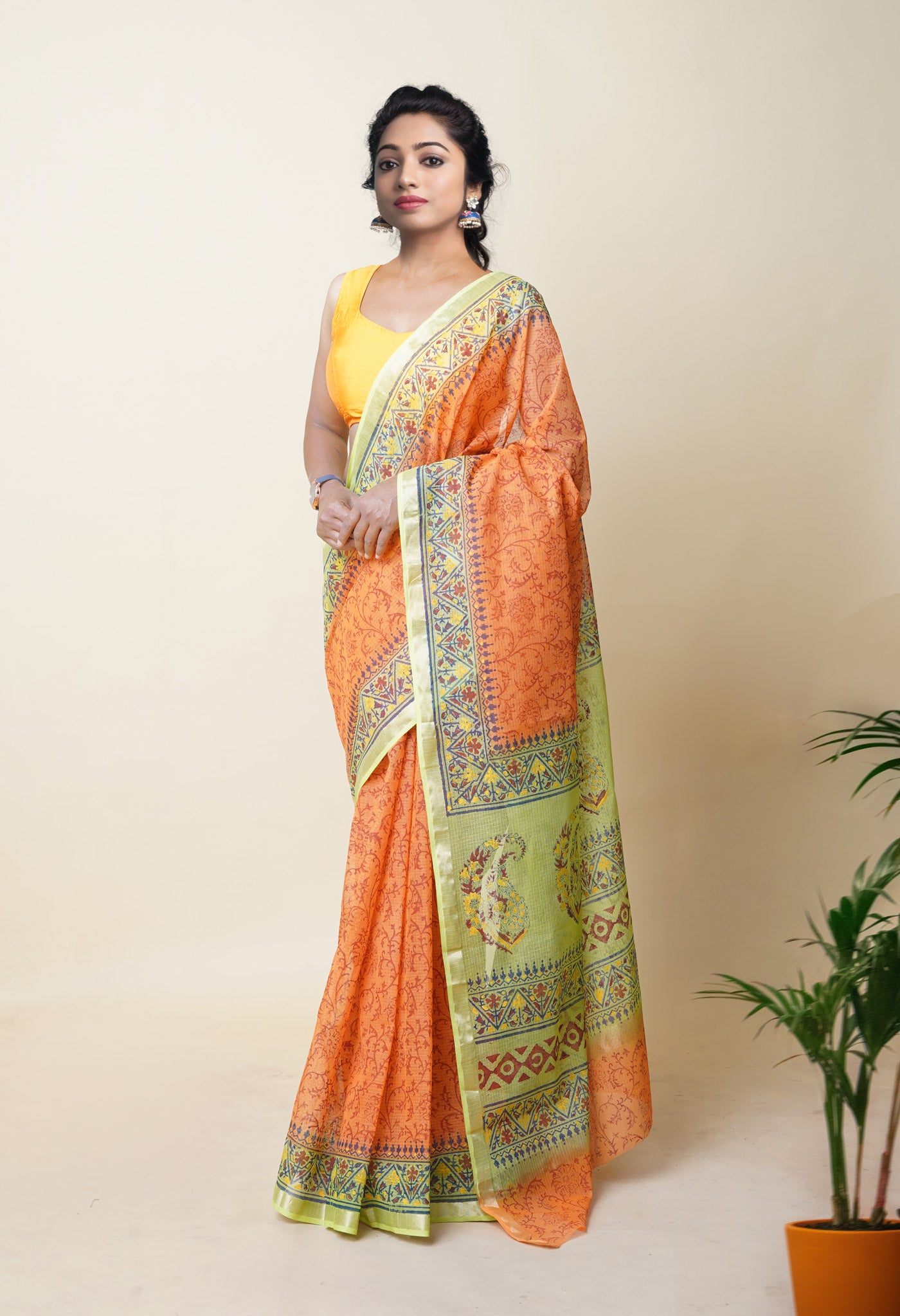 Orange Pure Hand Block Printed Kota Saree