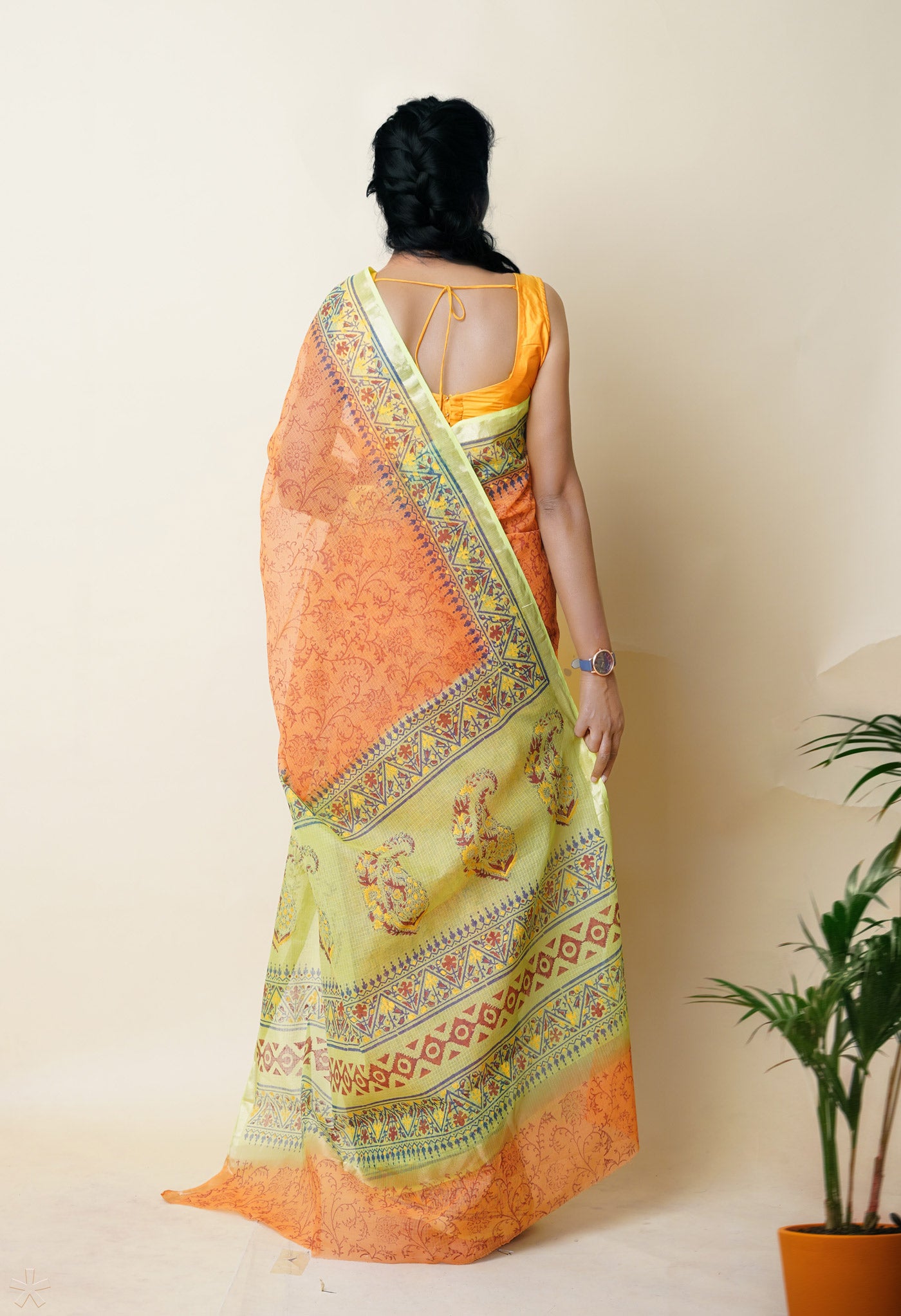 Orange Pure Hand Block Printed Kota Saree