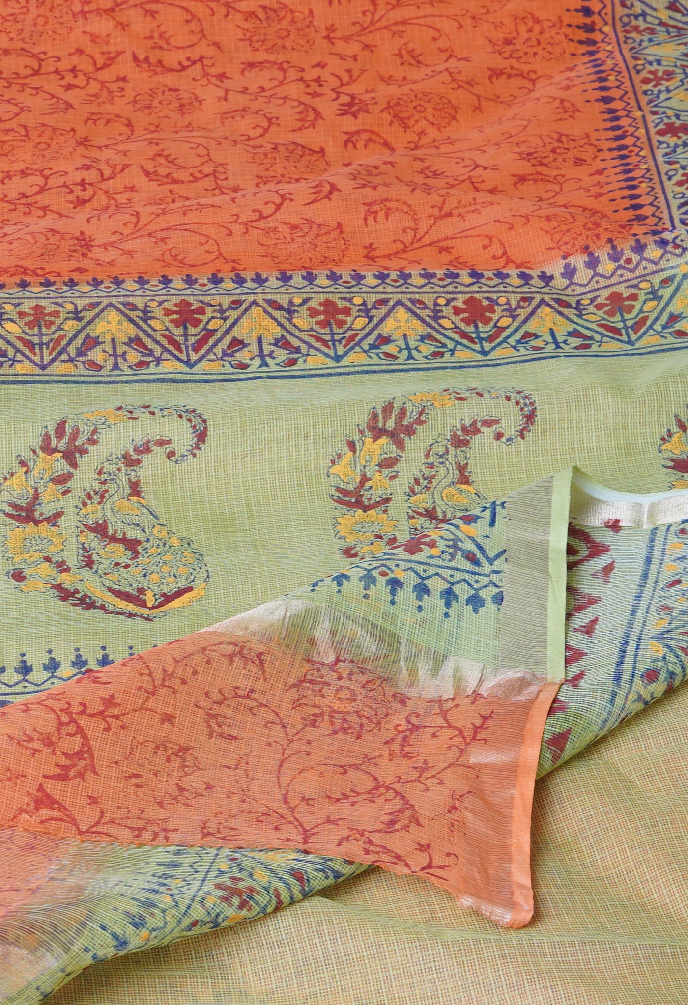 Orange Pure Hand Block Printed Kota Saree