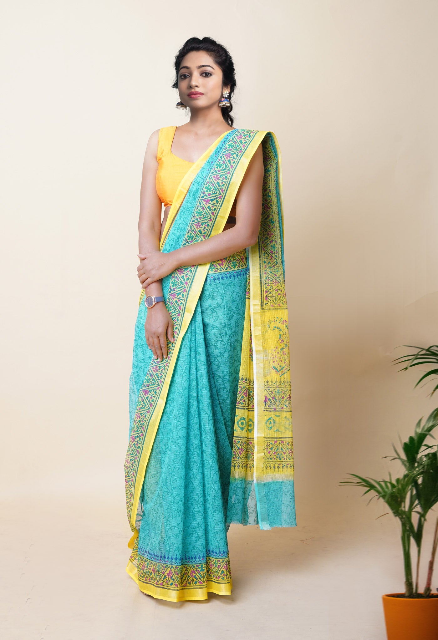 Green Pure Hand Block Printed Kota Saree