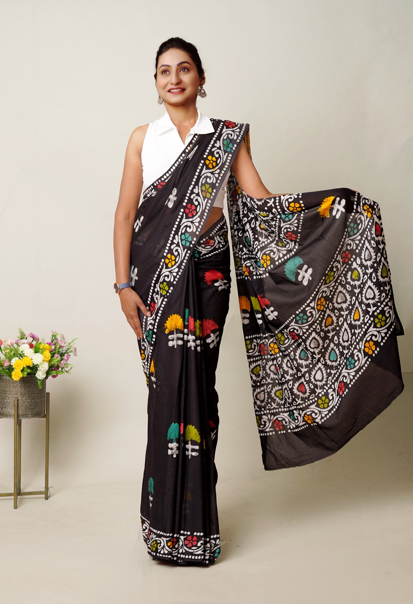 Black Pure Wax Batik Printed Superfine Mulmul Cotton Saree