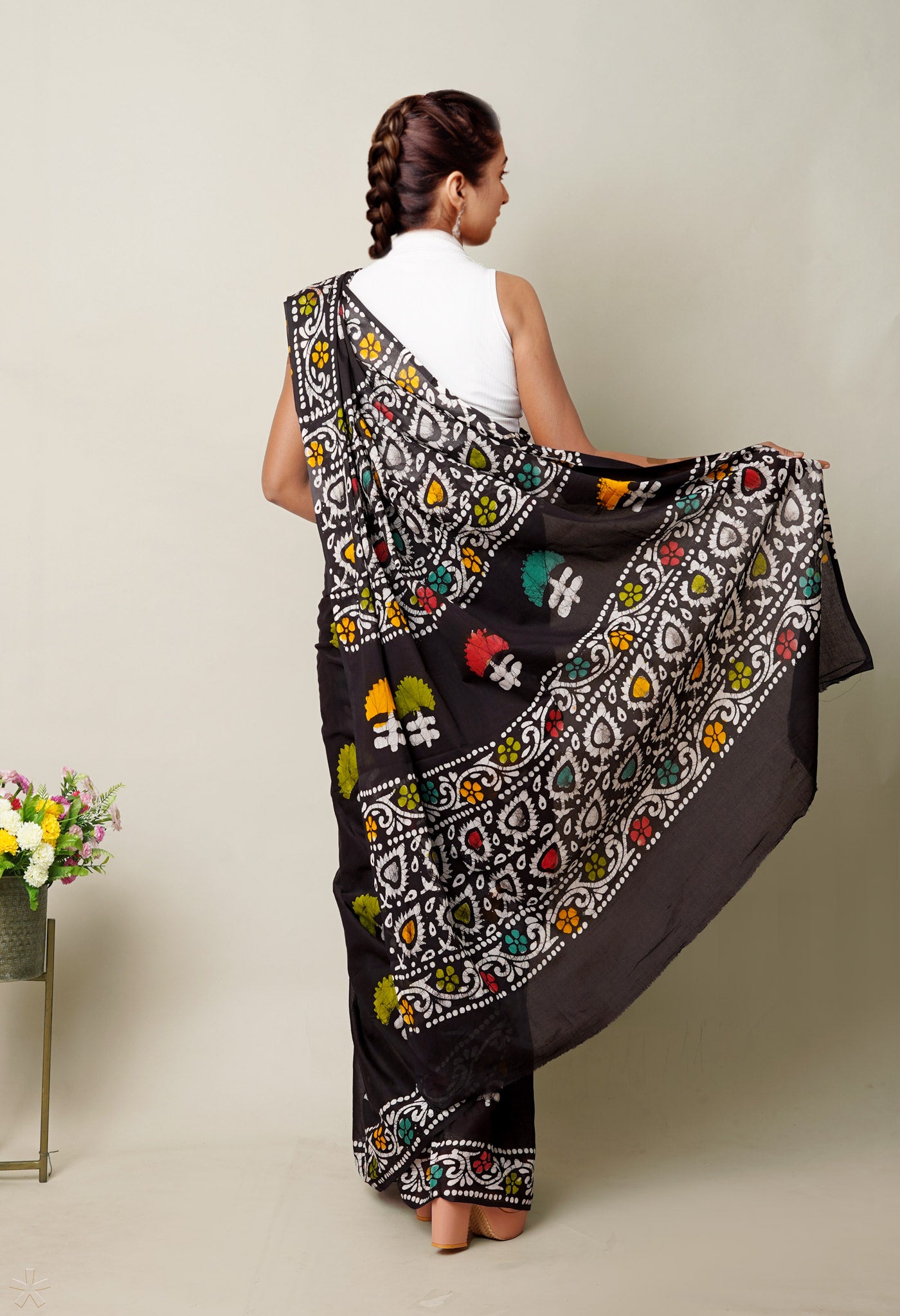 Black Pure Wax Batik Printed Superfine Mulmul Cotton Saree