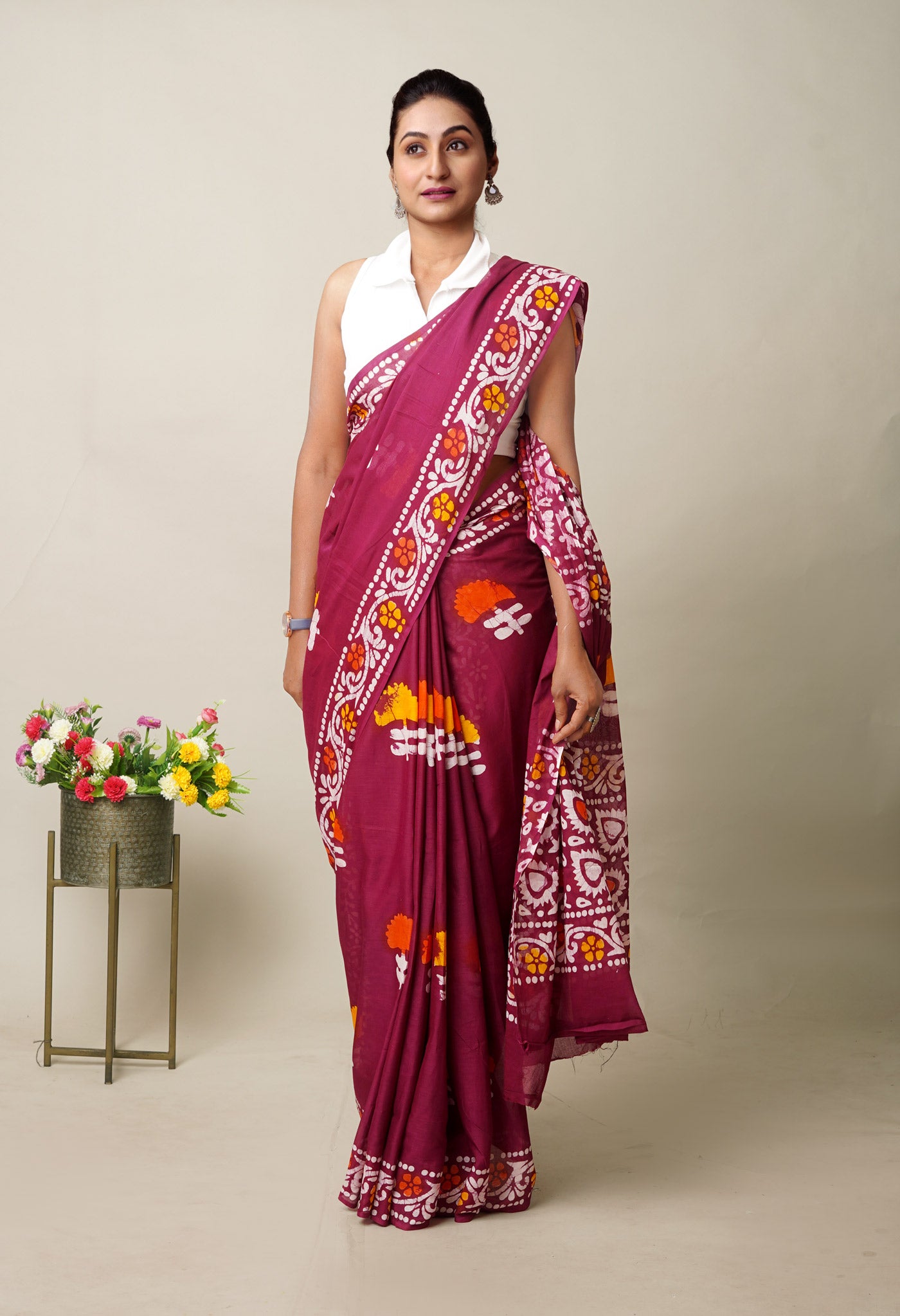 Maroon Pure Wax Batik Printed Superfine Mulmul Cotton Saree