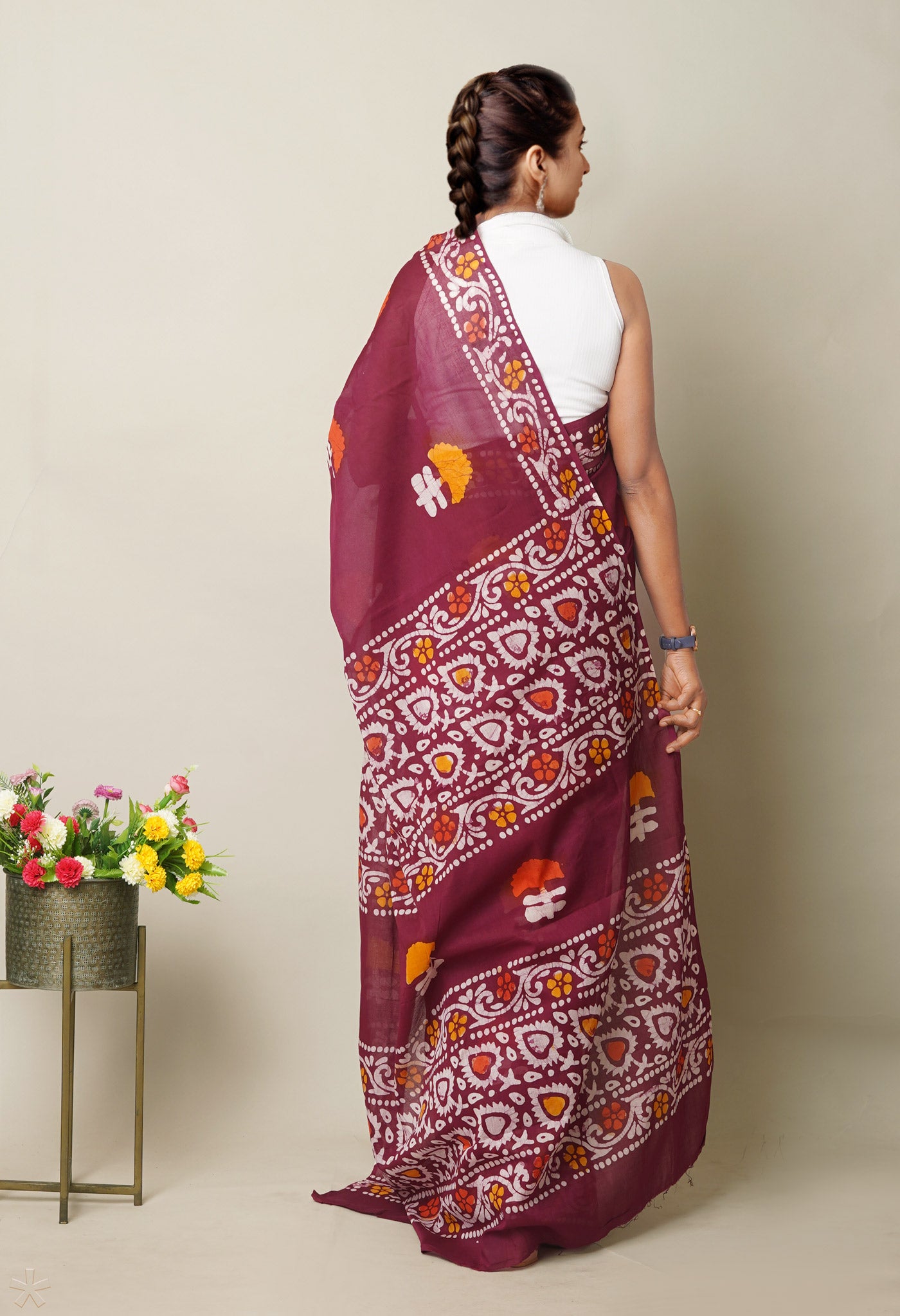 Maroon Pure Wax Batik Printed Superfine Mulmul Cotton Saree