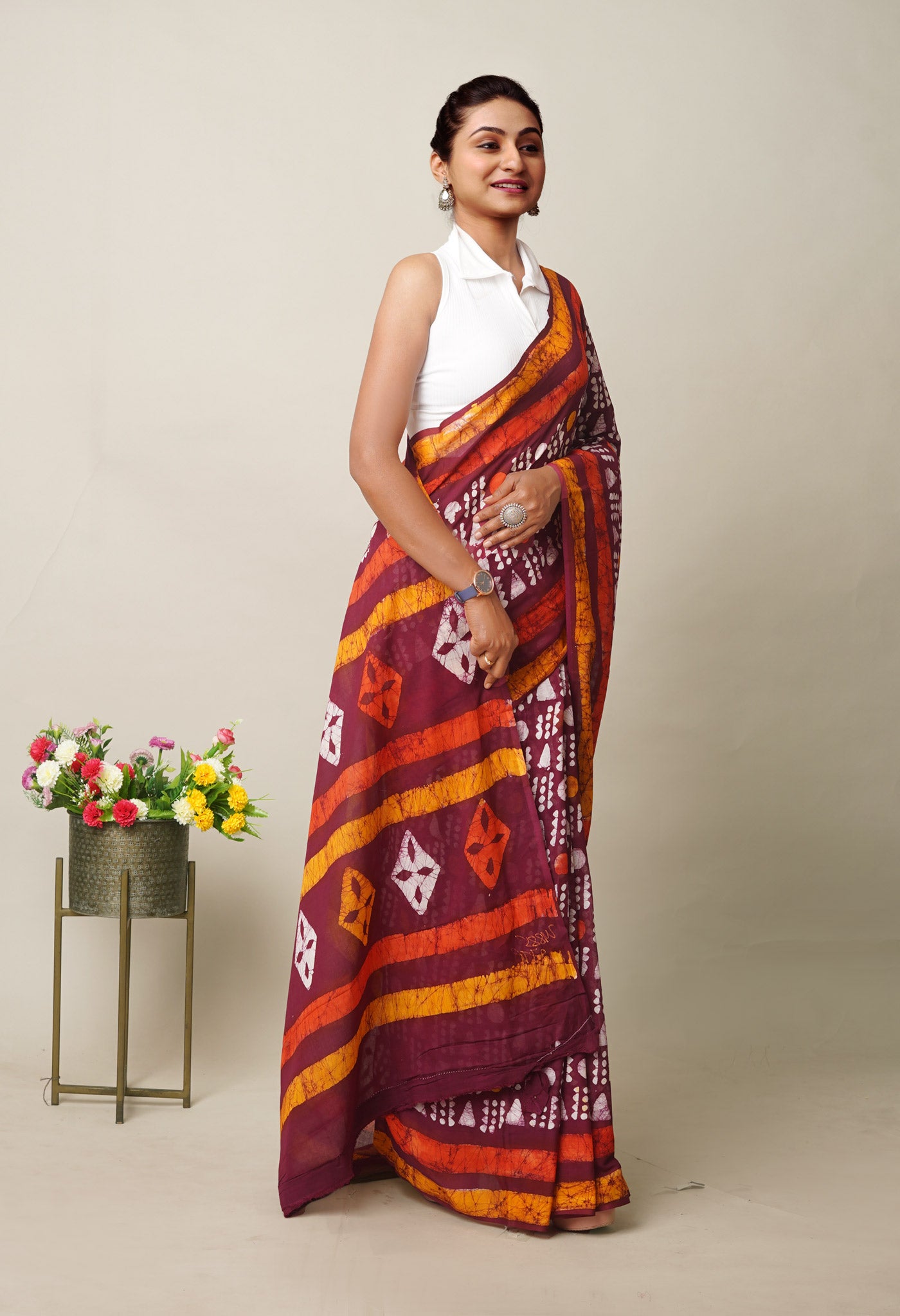 Maroon Pure Wax Batik Printed Superfine Mulmul Cotton Saree