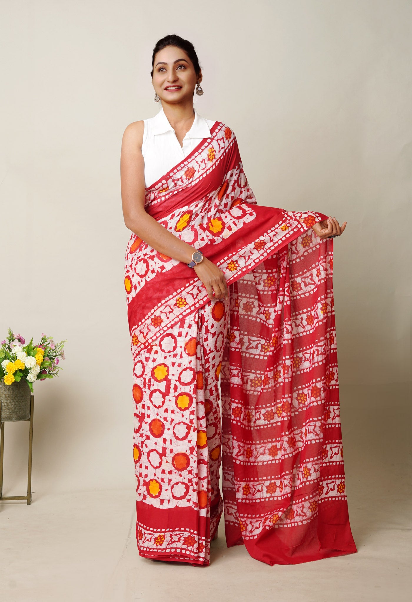 Red Pure Wax Batik Printed Superfine Mulmul Cotton Saree