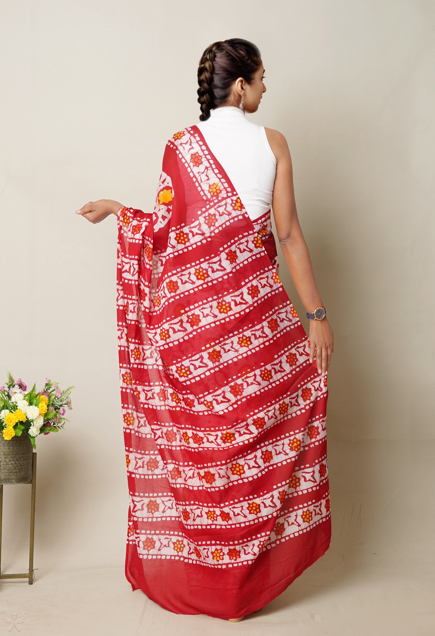 Red Pure Wax Batik Printed Superfine Mulmul Cotton Saree