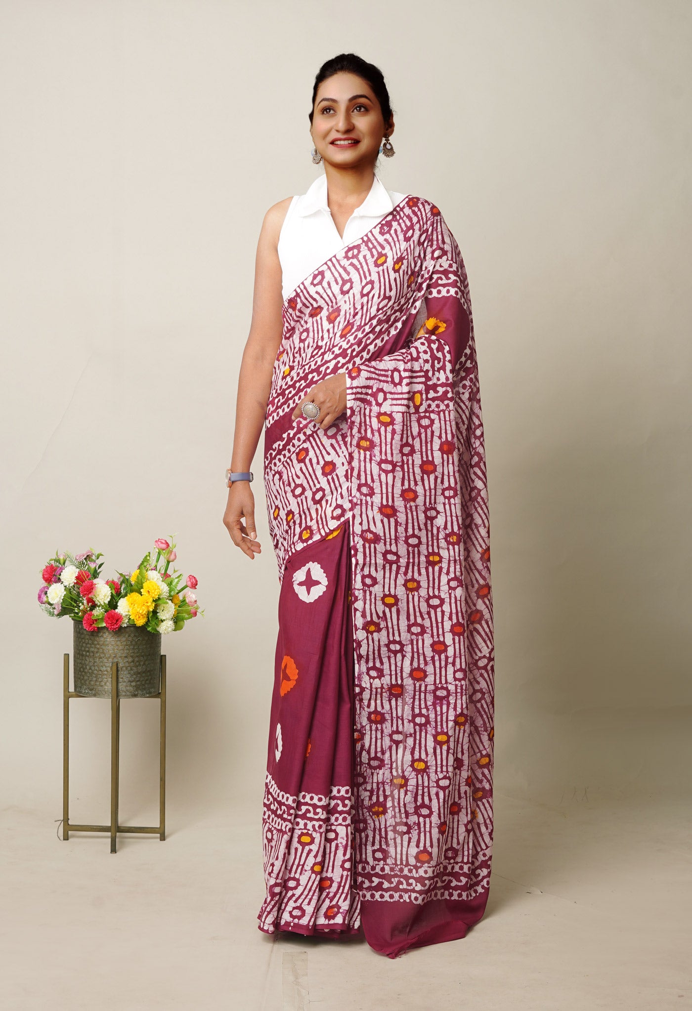 Maroon Pure Wax Batik Printed Superfine Mulmul Cotton Saree