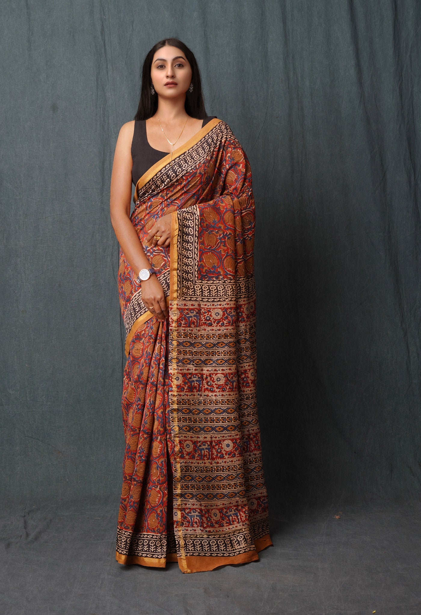 Red Pure Bagru Printed Chanderi Sico Saree