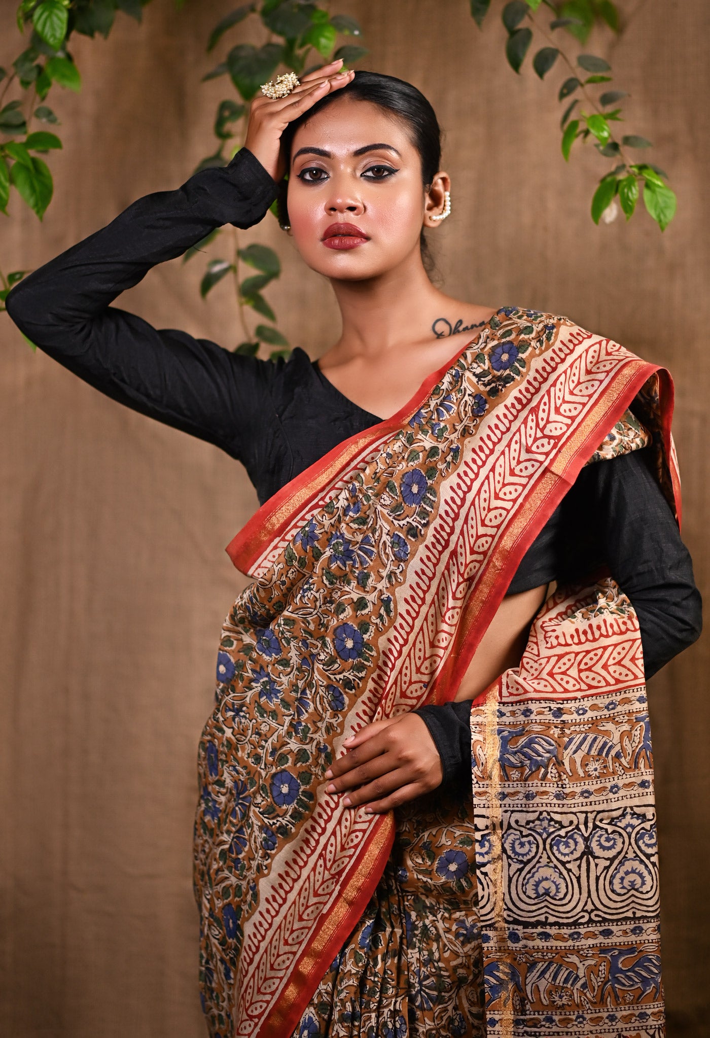 Brown Pure Bagru Kalamkari Printed Chanderi Sico Saree-UNM76668