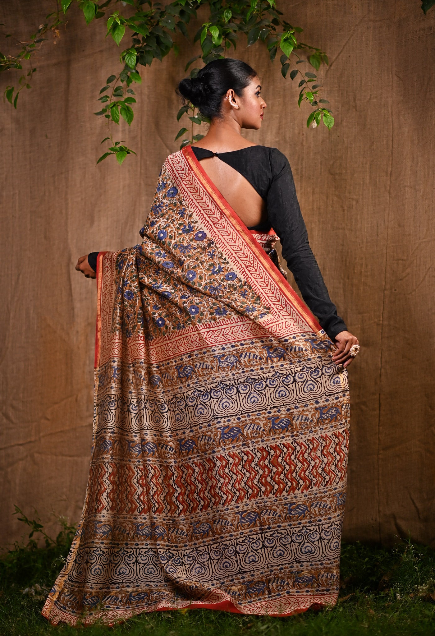 Brown Pure Bagru Kalamkari Printed Chanderi Sico Saree-UNM76668
