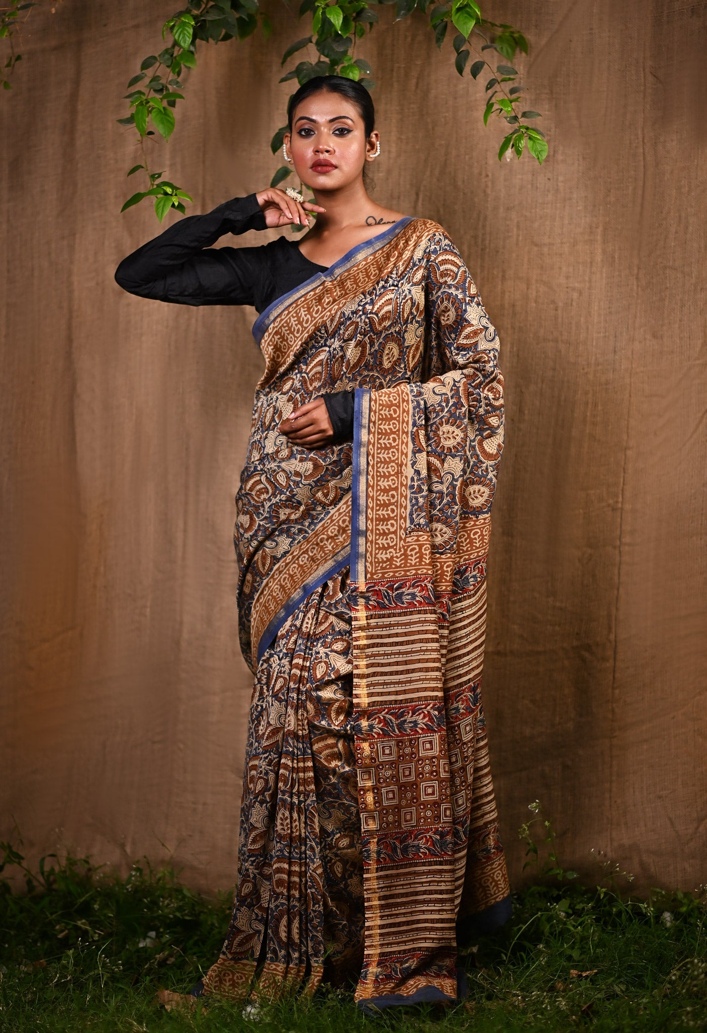 Blue Pure Bagru Kalamkari Printed Chanderi Sico Saree-UNM76670