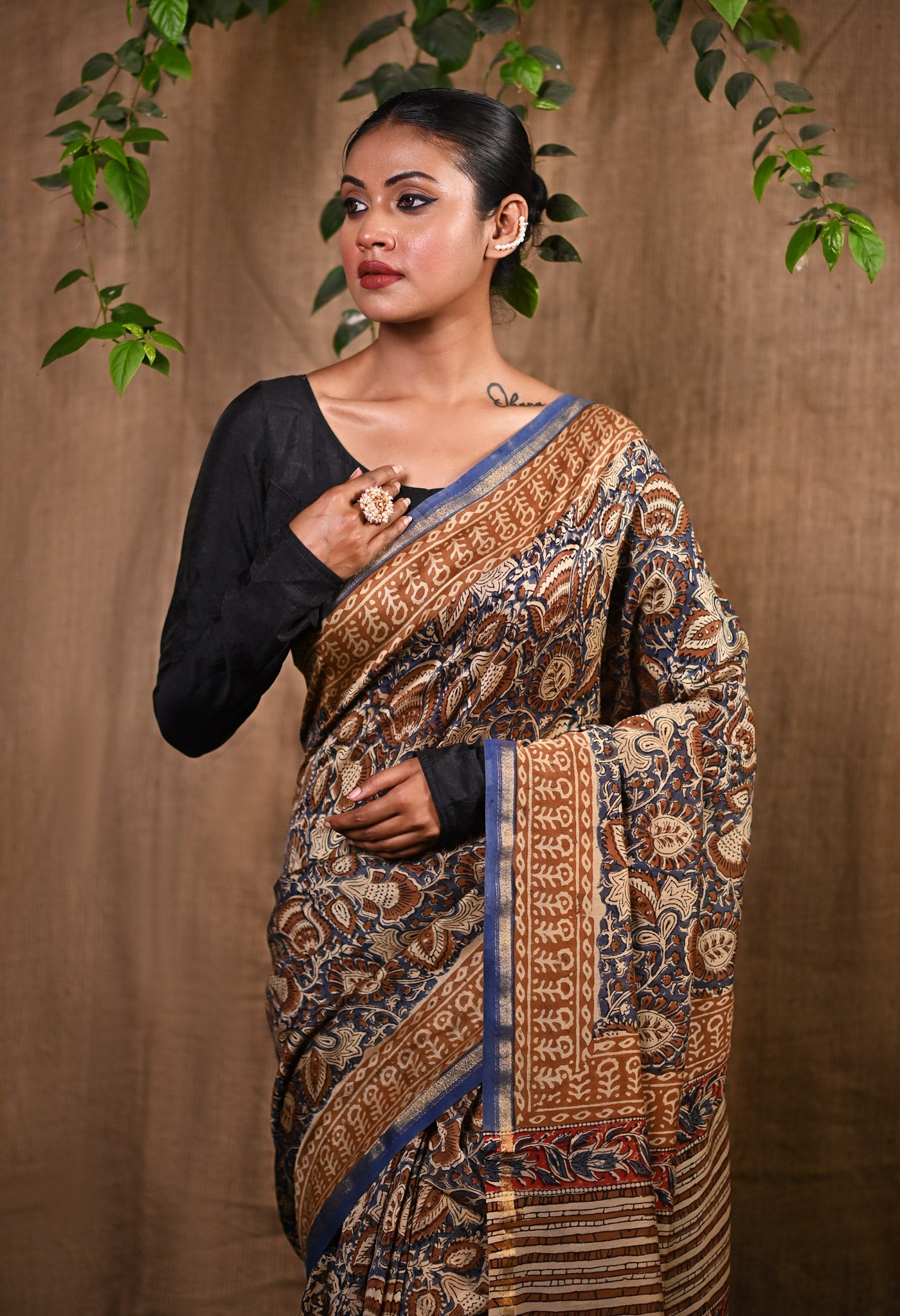 Blue Pure Bagru Kalamkari Printed Chanderi Sico Saree-UNM76670