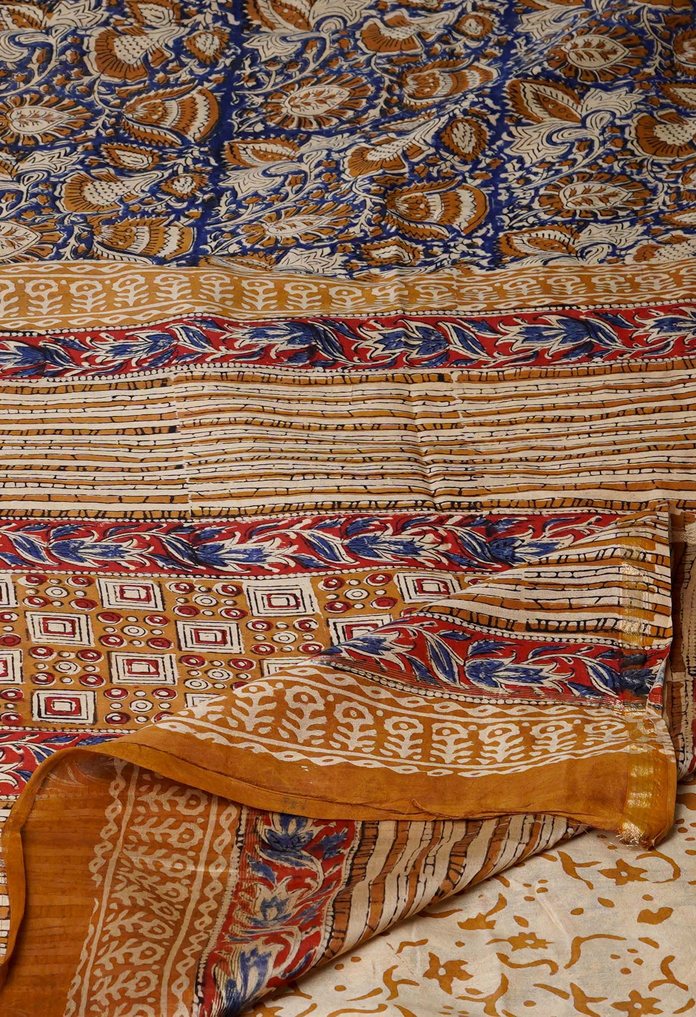 Blue Pure Bagru Kalamkari Printed Chanderi Sico Saree-UNM76670