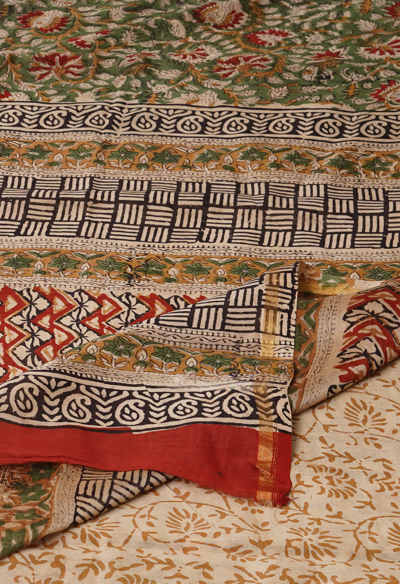 Green Pure Bagru Kalamkari Printed Chanderi Sico Saree-UNM76671