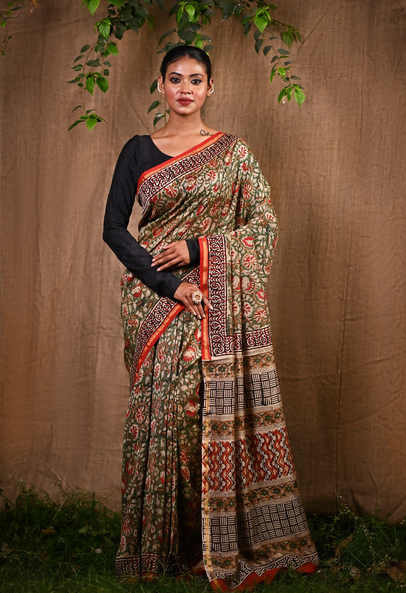 Green Pure Bagru Kalamkari Printed Chanderi Sico Saree-UNM76671