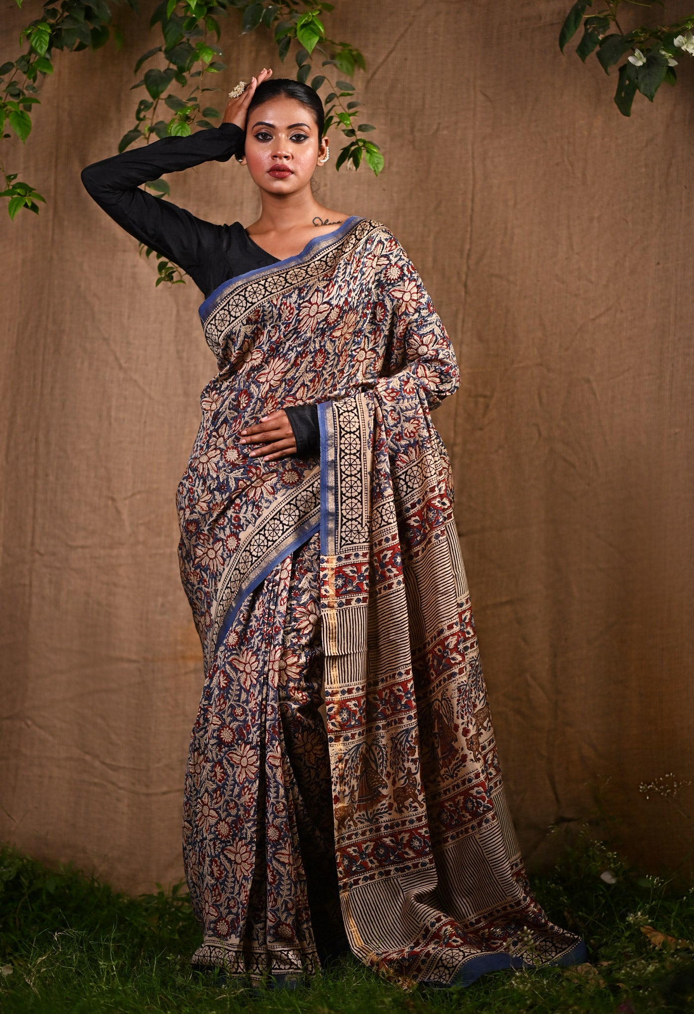Blue Pure Bagru Kalamkari Printed Chanderi Sico Saree-UNM76676