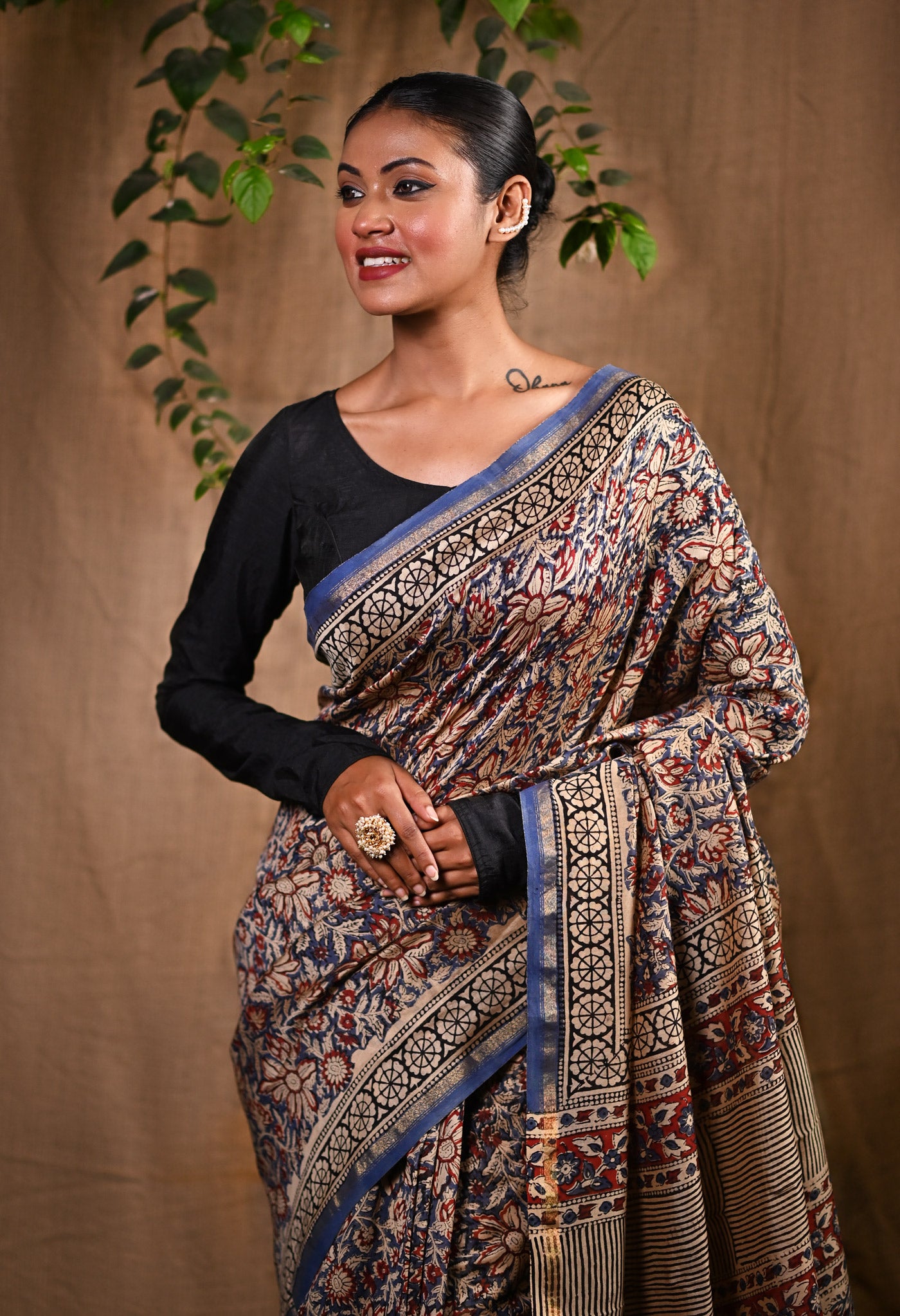 Blue Pure Bagru Kalamkari Printed Chanderi Sico Saree-UNM76676