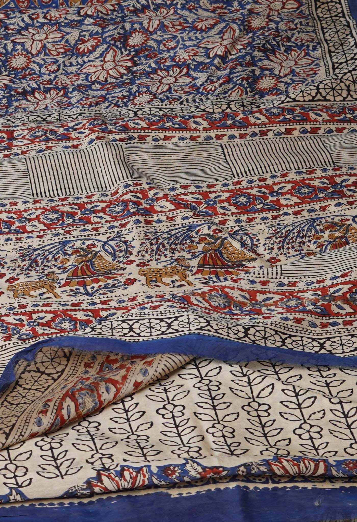 Blue Pure Bagru Kalamkari Printed Chanderi Sico Saree-UNM76676