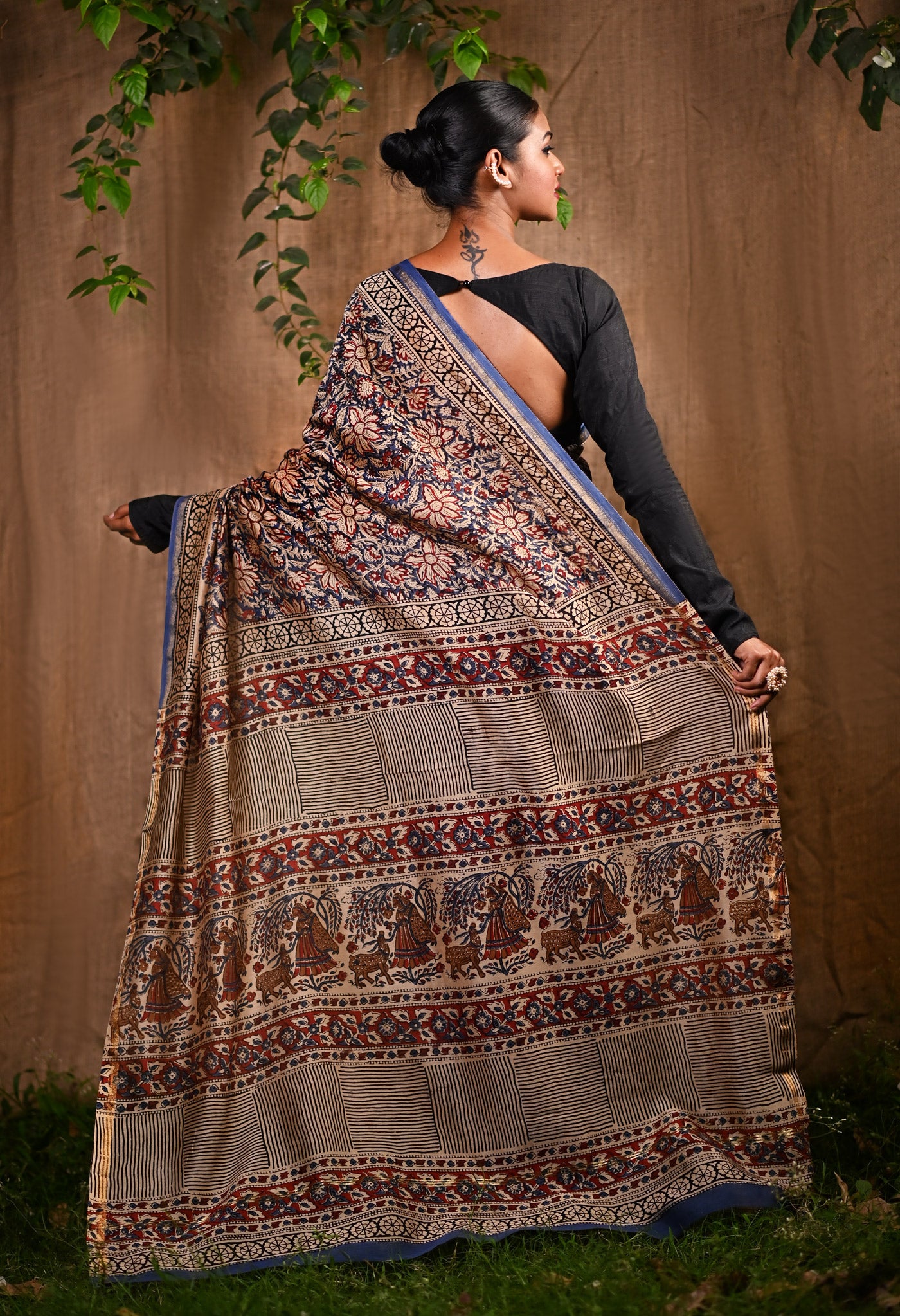 Blue Pure Bagru Kalamkari Printed Chanderi Sico Saree-UNM76676