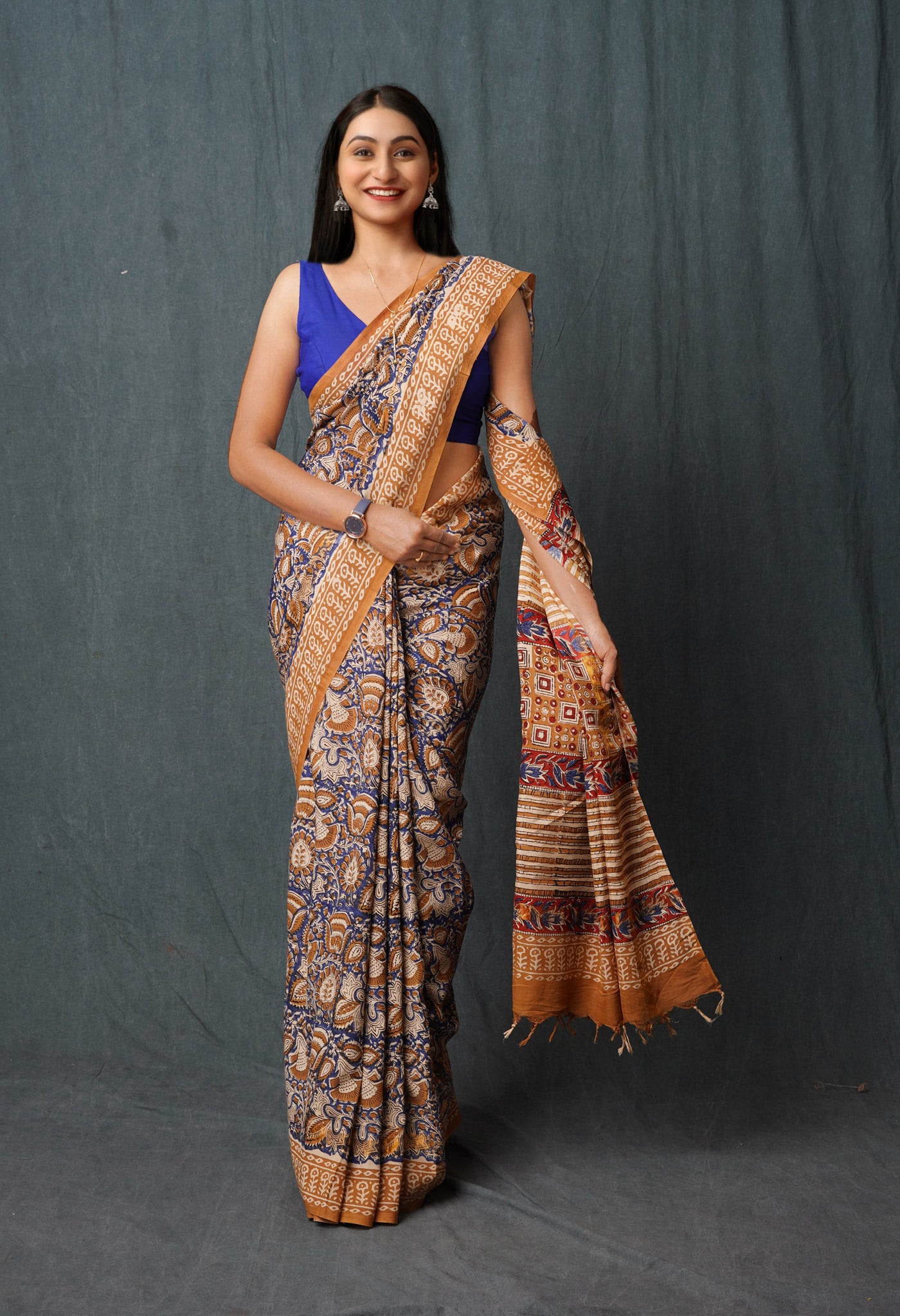 Blue Pure Bagru Printed Soft Silk Saree