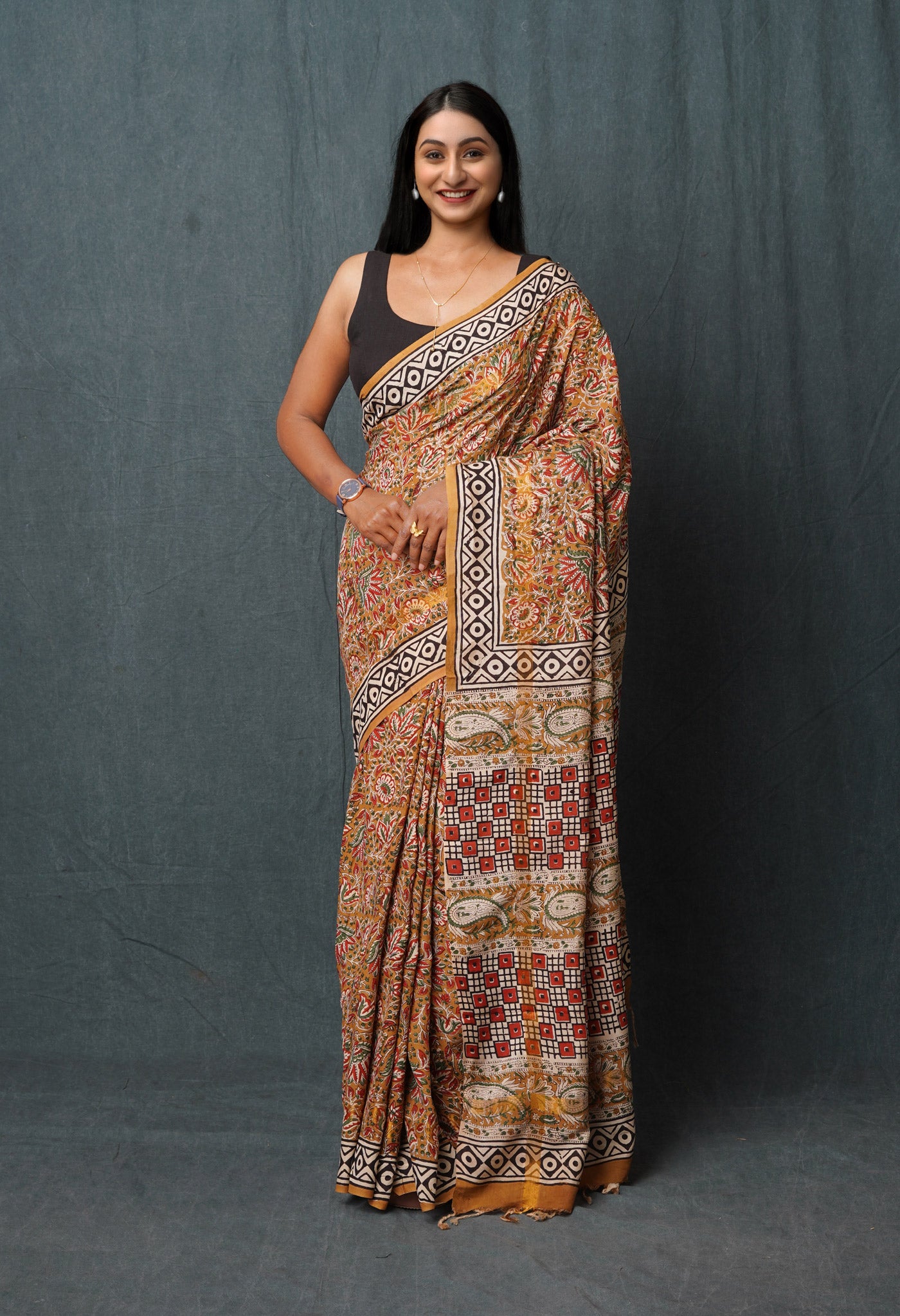 Brown Pure Bagru Printed Soft Silk Saree