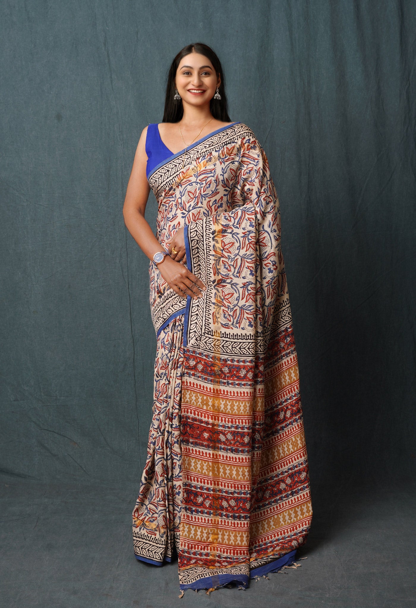 Cream Pure Bagru Printed Soft Silk Saree