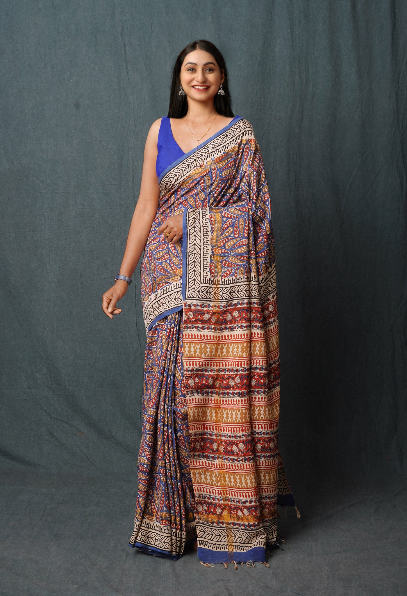 Blue Pure Bagru Printed Soft Silk Saree