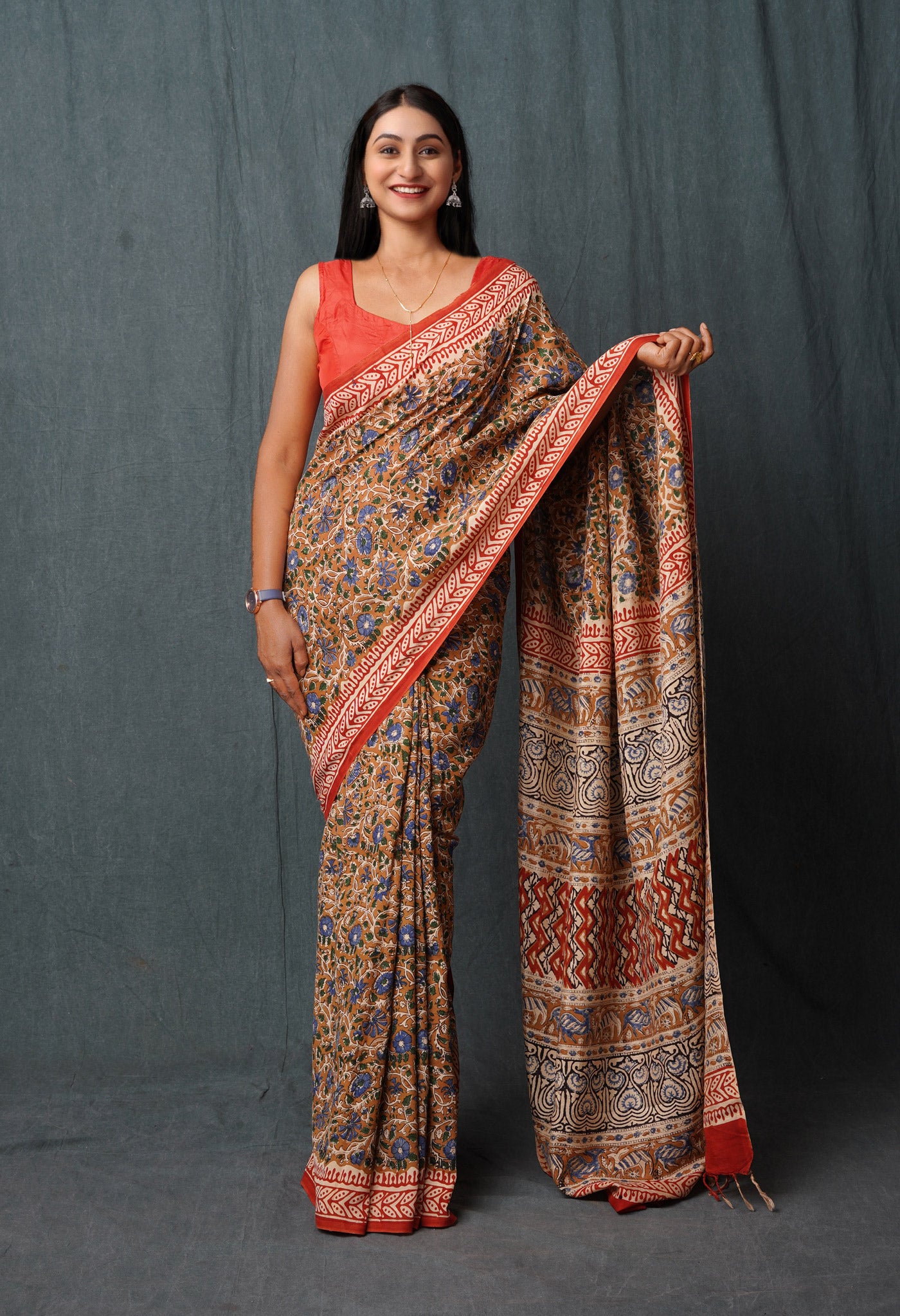 Brown Pure Bagru Printed Soft Silk Saree