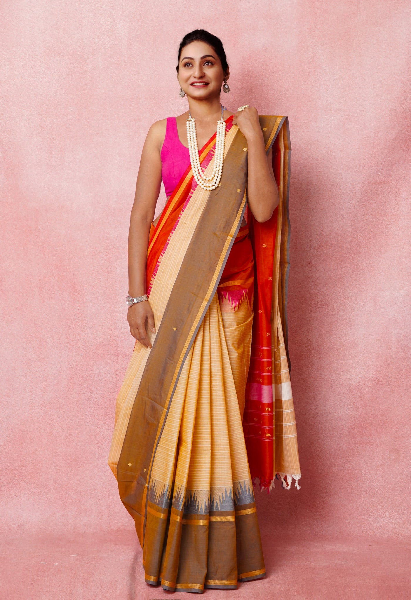 Cream Pure Pavani Handcrafted Kanchi Cotton Saree