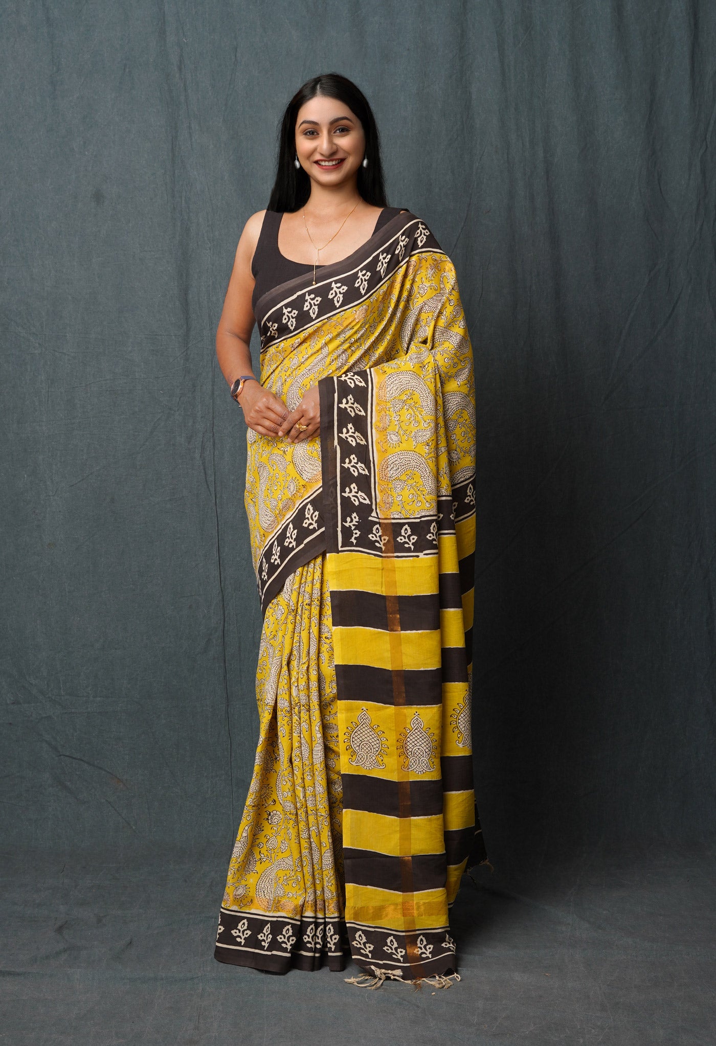 Yellow Pure Bagru Printed Soft Silk Saree