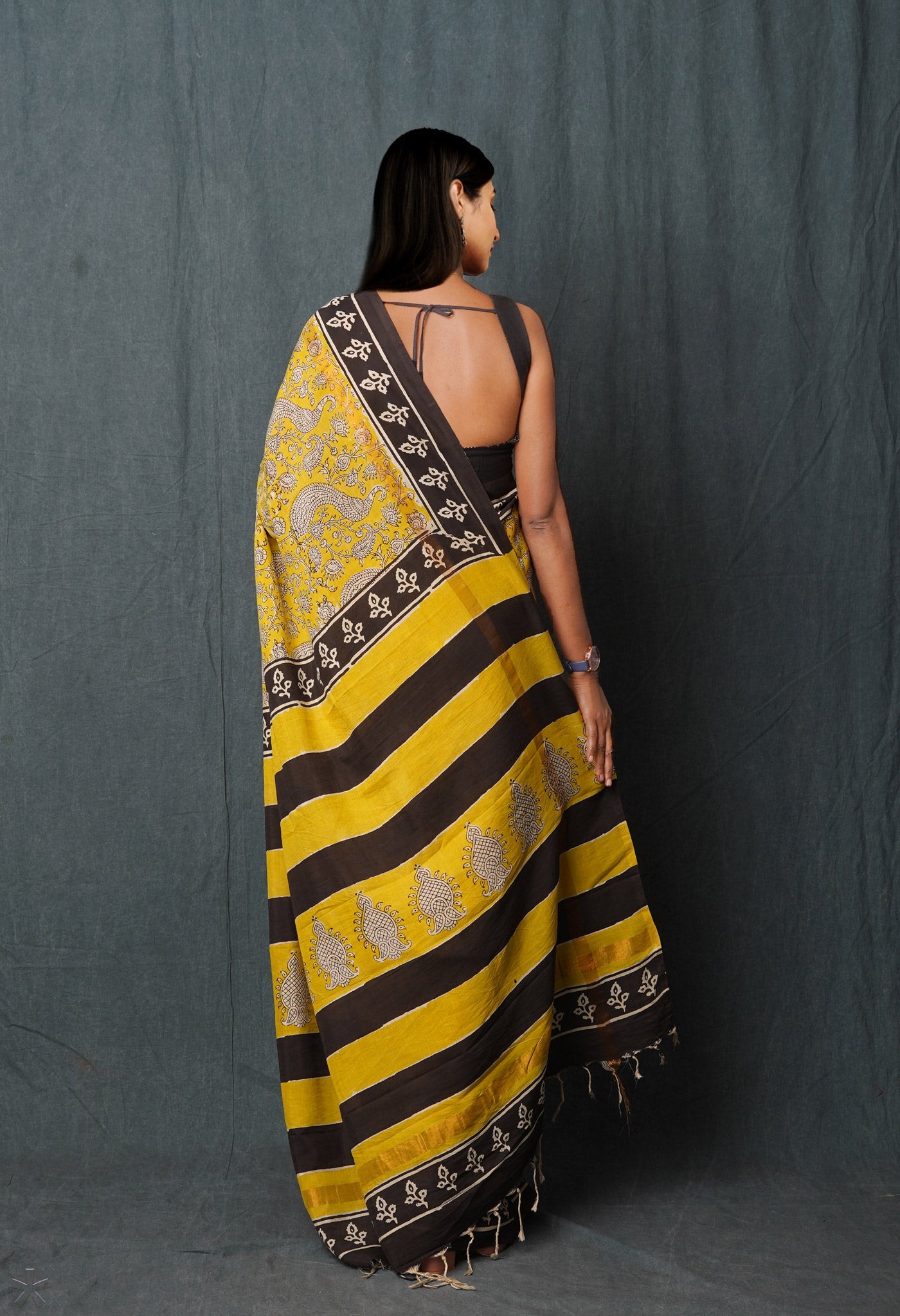 Yellow Pure Bagru Printed Soft Silk Saree