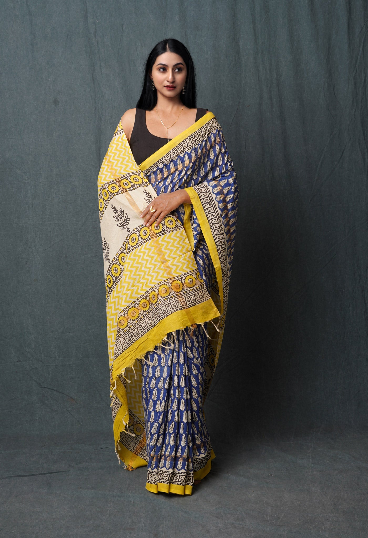 Blue Pure Bagru Printed Soft Silk Saree