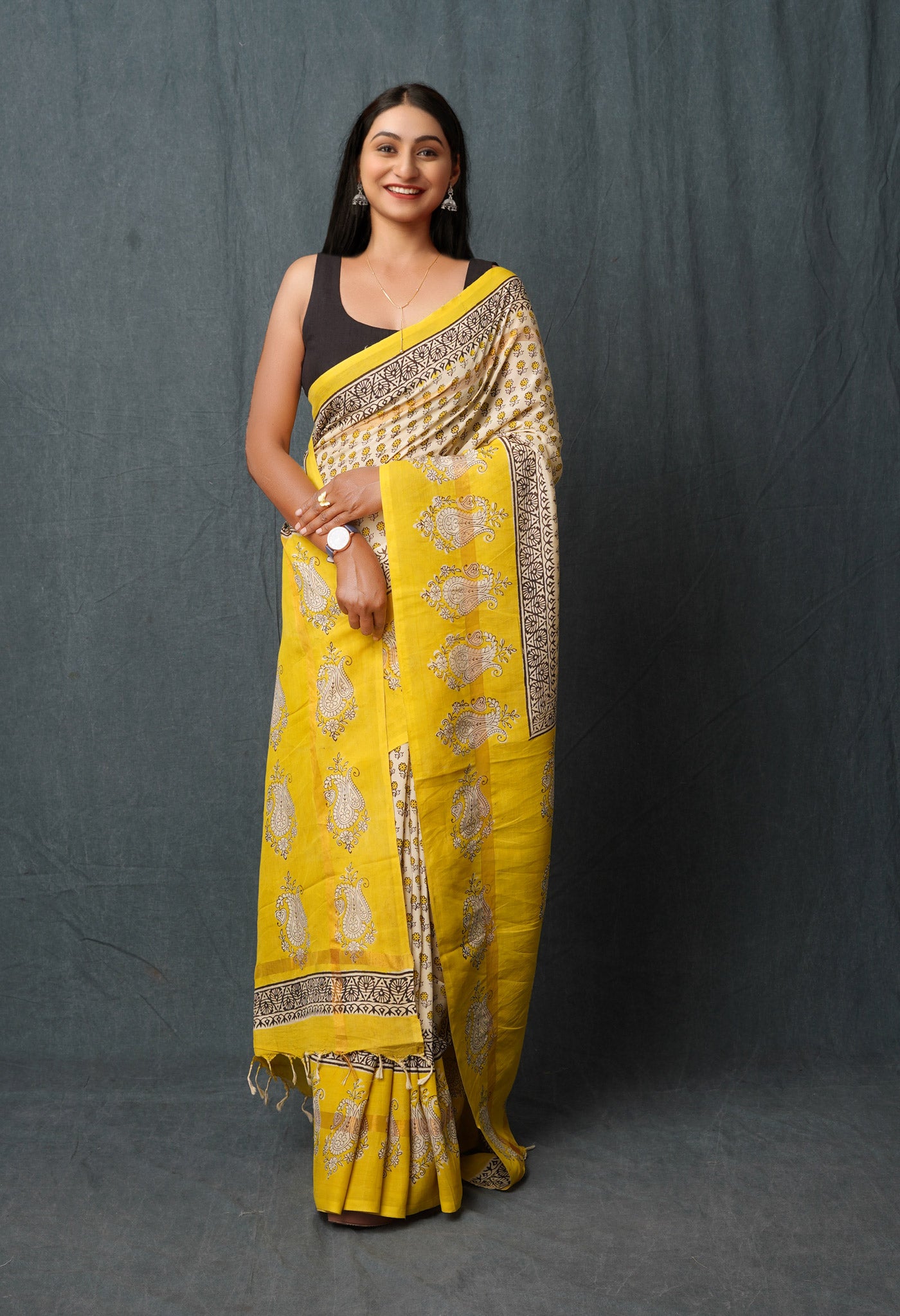 Cream Pure Bagru Printed Soft Silk Saree