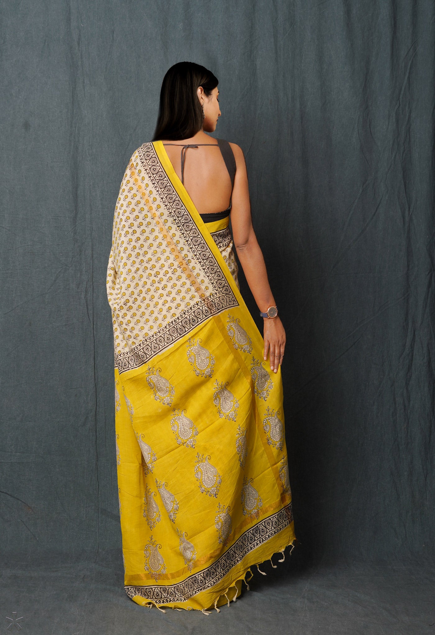 Cream Pure Bagru Printed Soft Silk Saree