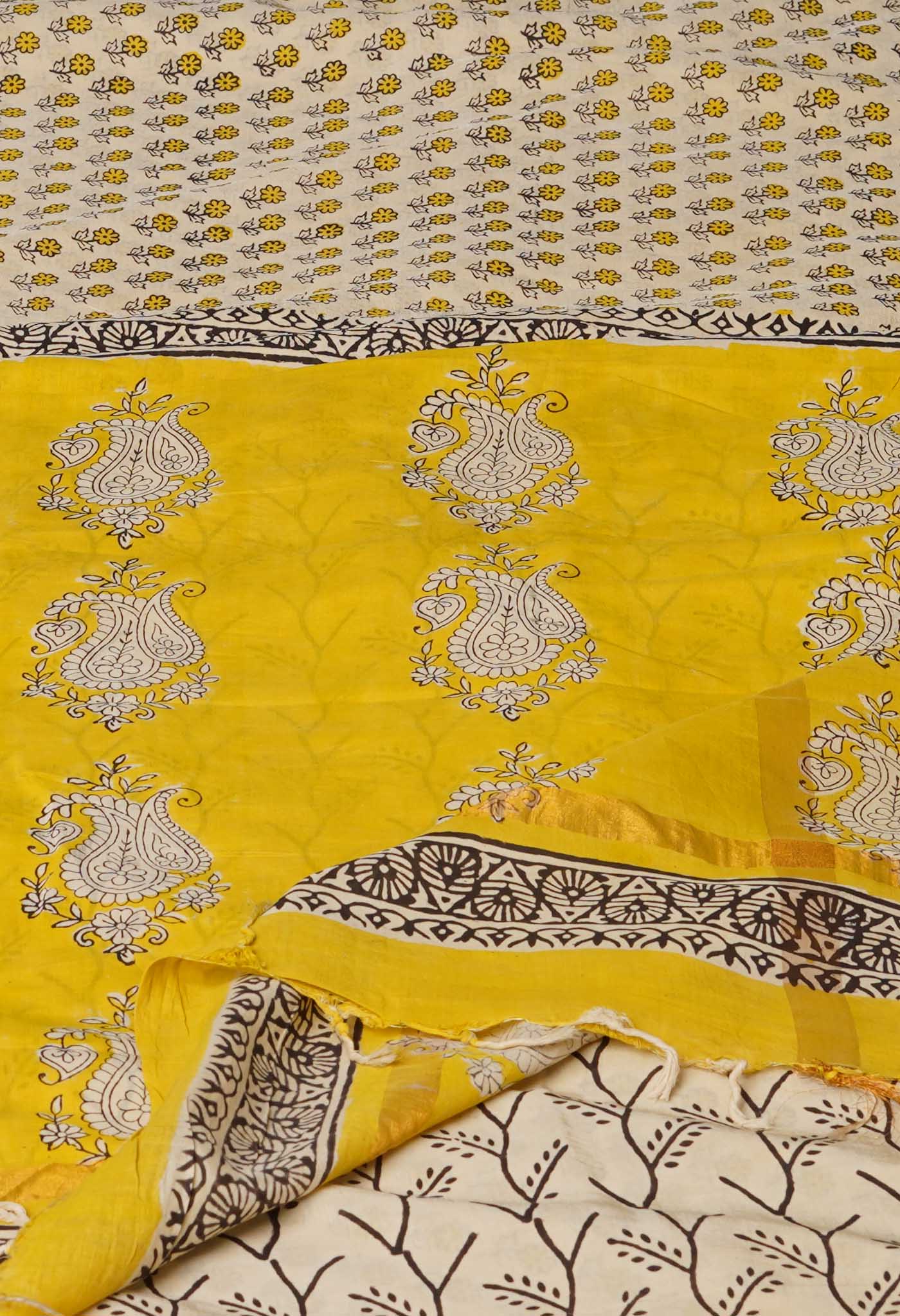 Cream Pure Bagru Printed Soft Silk Saree