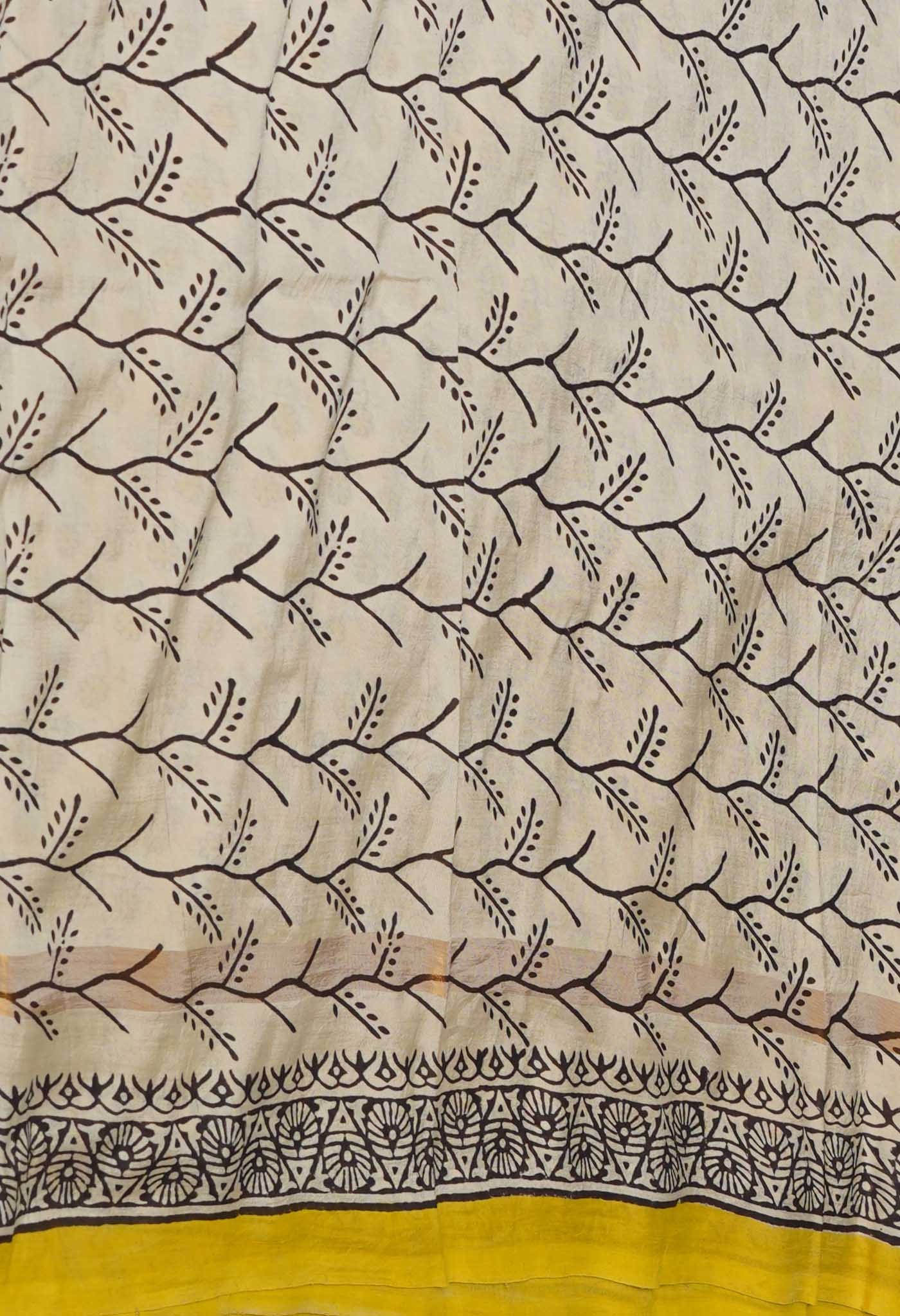 Cream Pure Bagru Printed Soft Silk Saree