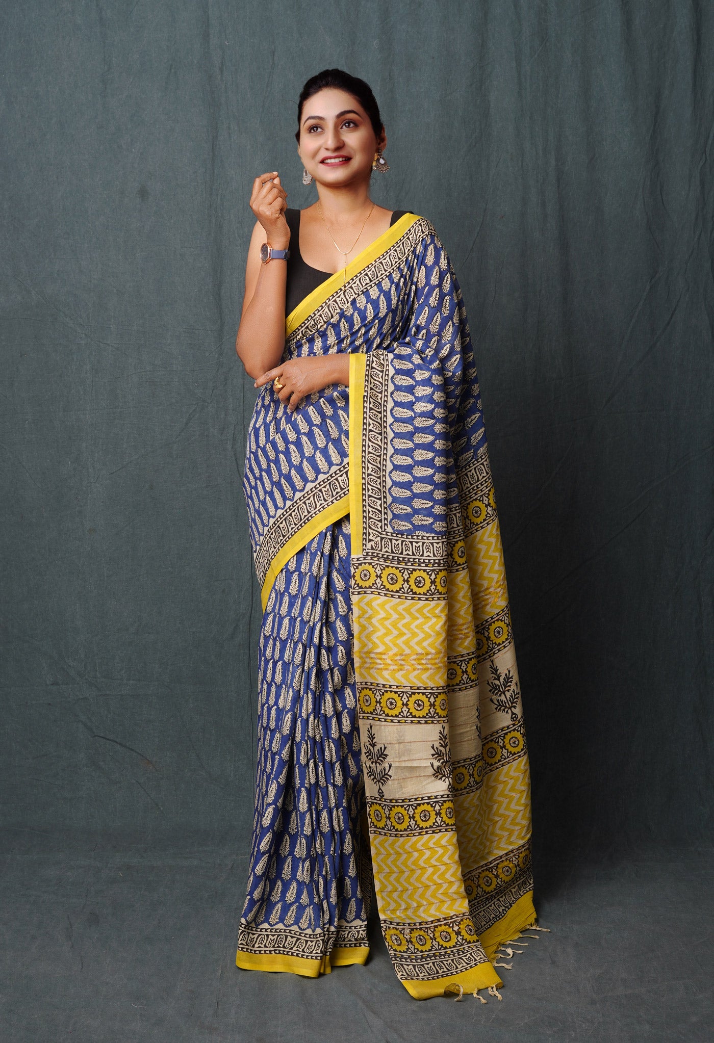 Blue Pure Bagru Printed Soft Silk Saree