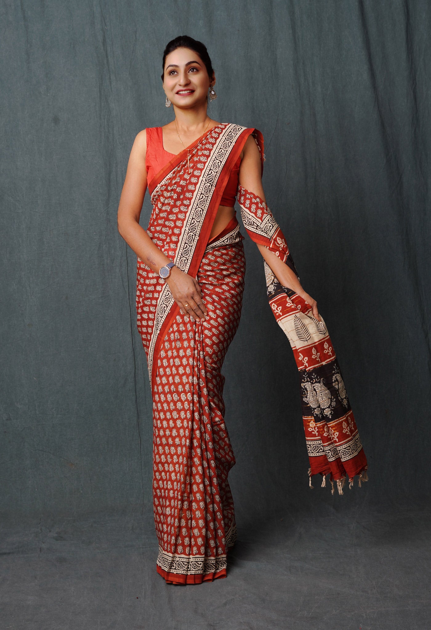 Red Pure Bagru Printed Soft Silk Saree